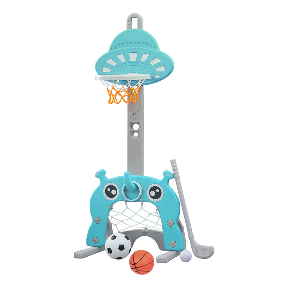 Kids Basketball Hoop 5 in 1 Toddlers Grow with Me Sports Activity Center Football Soccer Goal Golf Game Ring Toss Set for Indoor Outdoor， 3.8 to 5 Feet Height Adjustable， Green