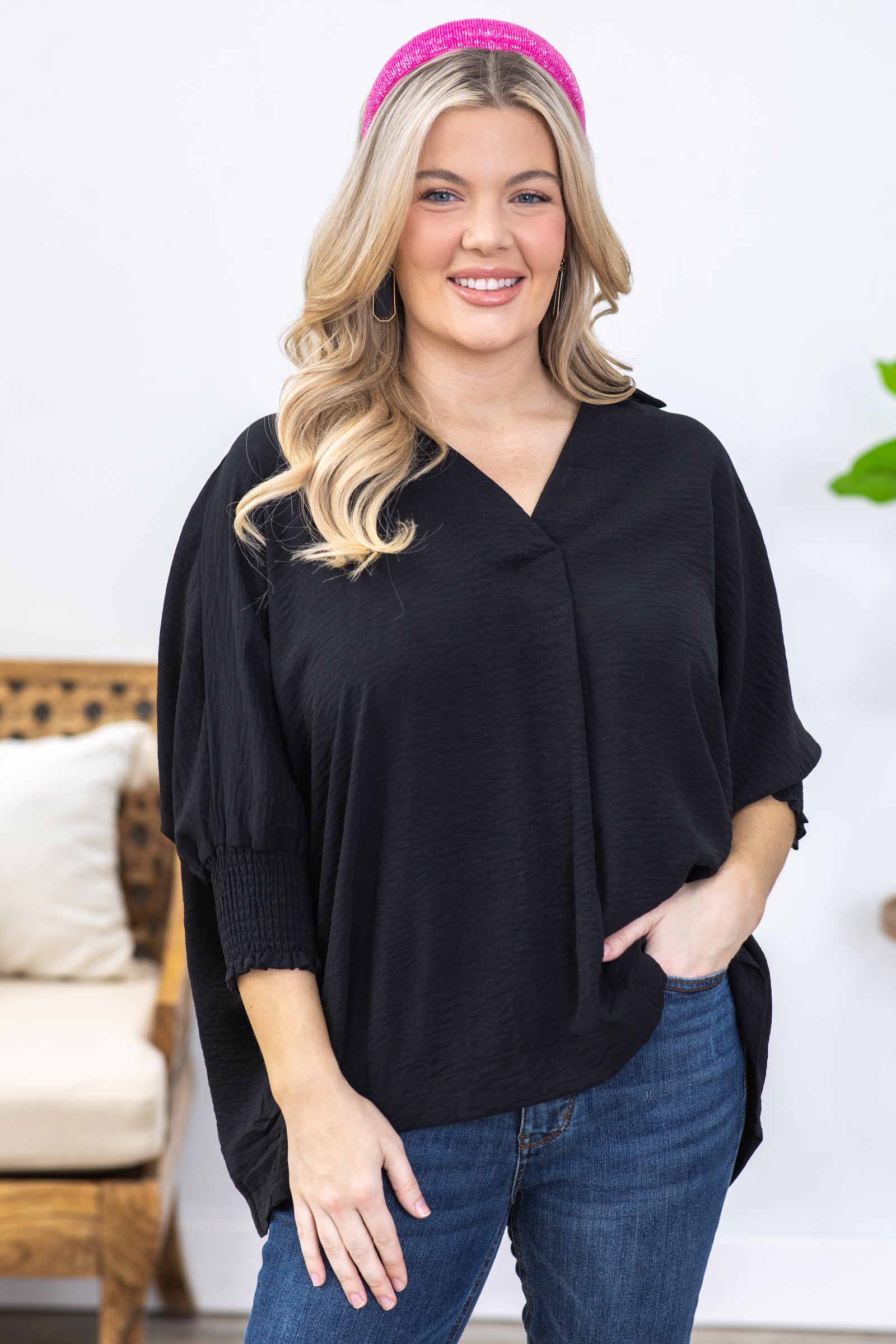 Black Airflow Top With Smocked Cuff