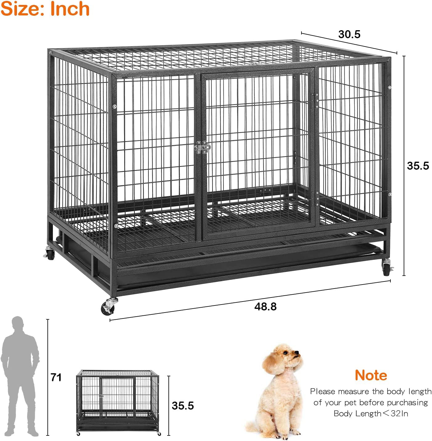 YRLLENSDAN 48 inch XL Large Dog Crate for Large Dogs， Heavy Duty Dog Crates and Kennels with Wheels Plastic Tray Double-Door Lockable Outdoor Metal Pet Dog Cage for Medium Small Dogs