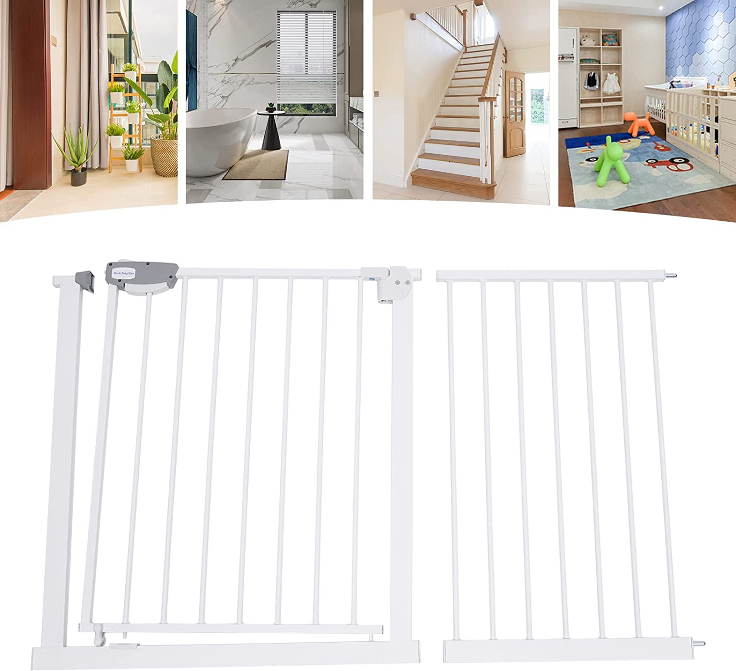 CNCEST Double Locking Pet Gate Chlid Extra Wide Safety Stair Gate Entryways Gates White