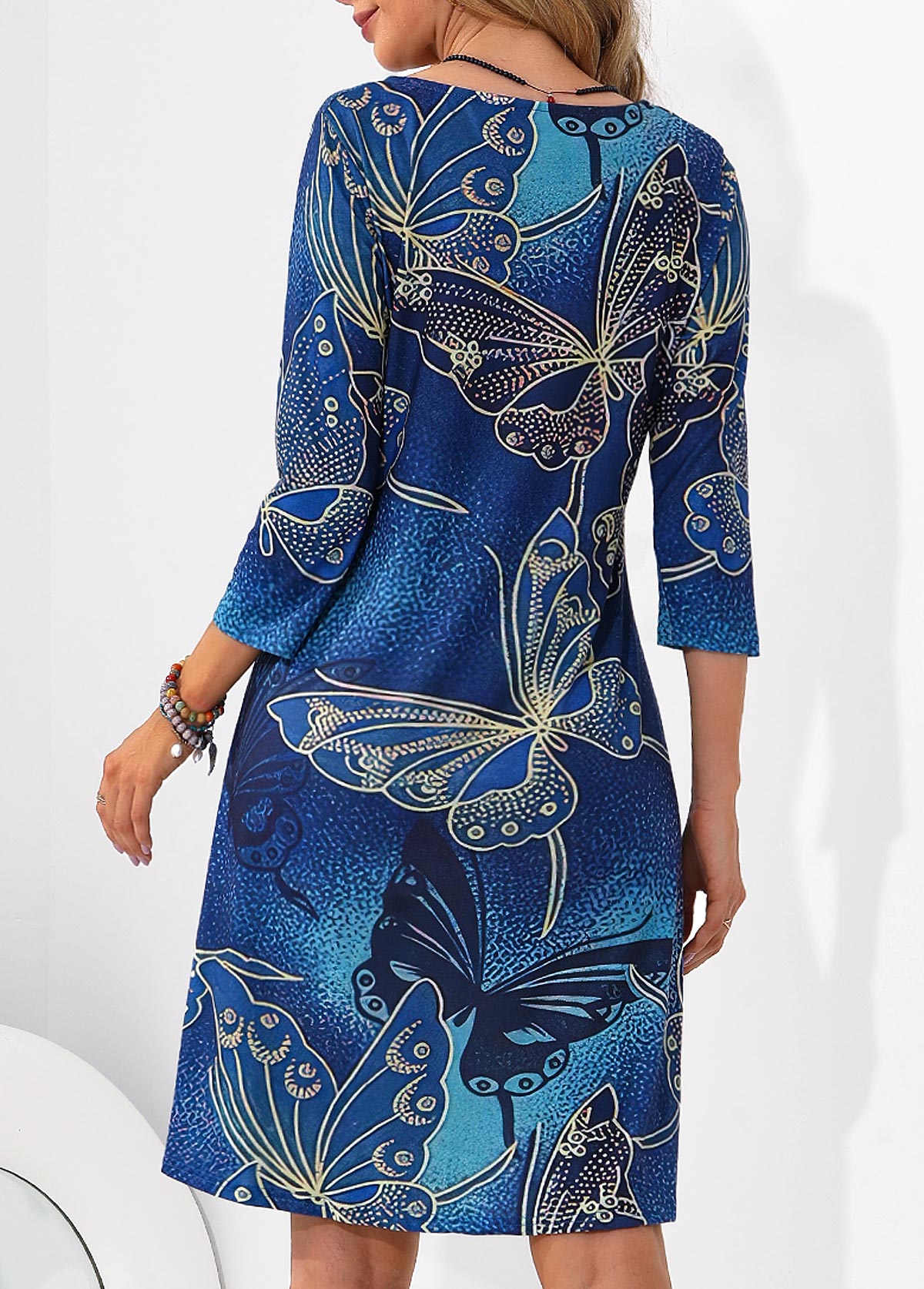 Butterfly Print 3/4 Sleeve Blue Dress