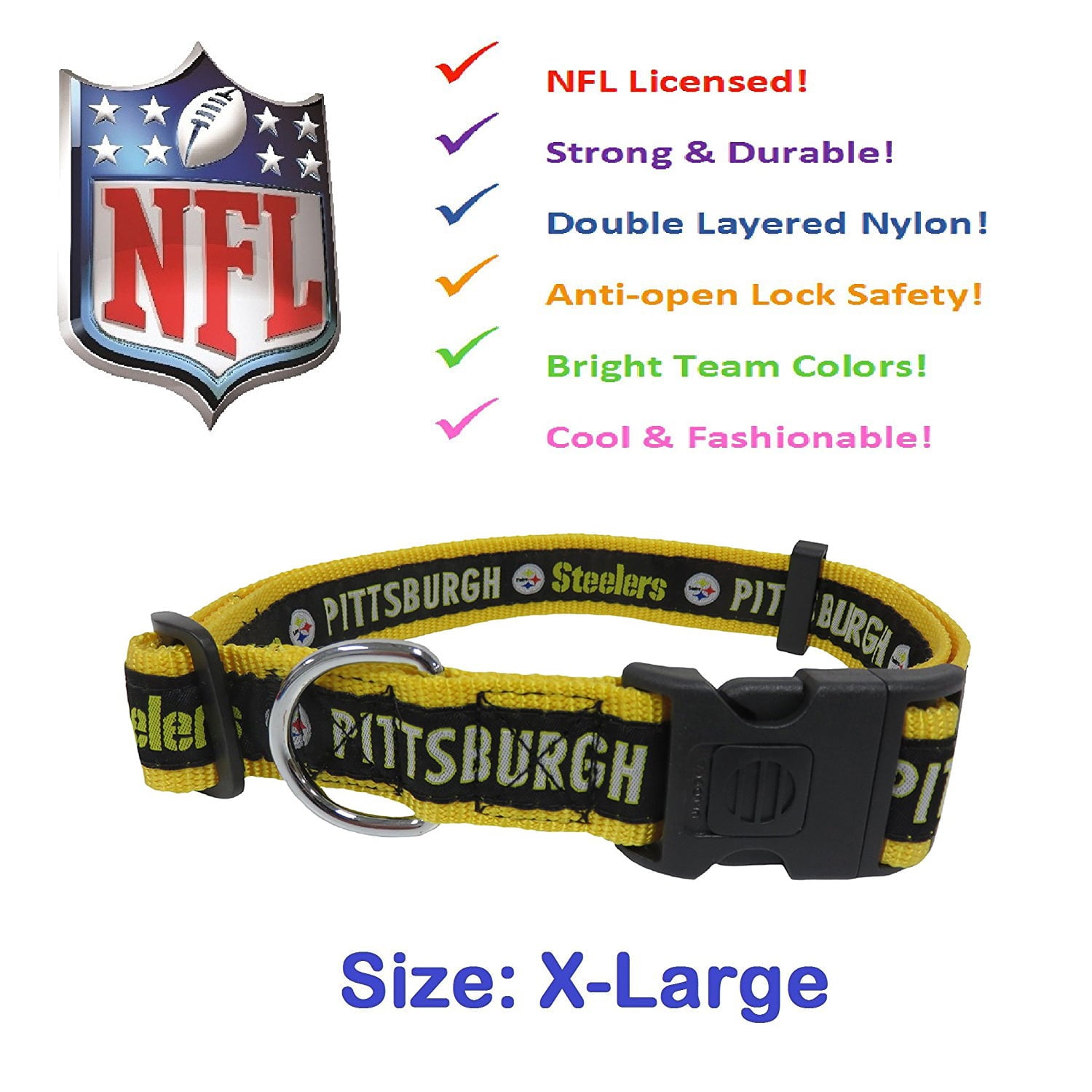 Pets First NFL Pittsburgh Steelers Dog Collar - Heavy-Duty， Durable and Adjustable Football Collar for Dogs/ CATS - Extra Large