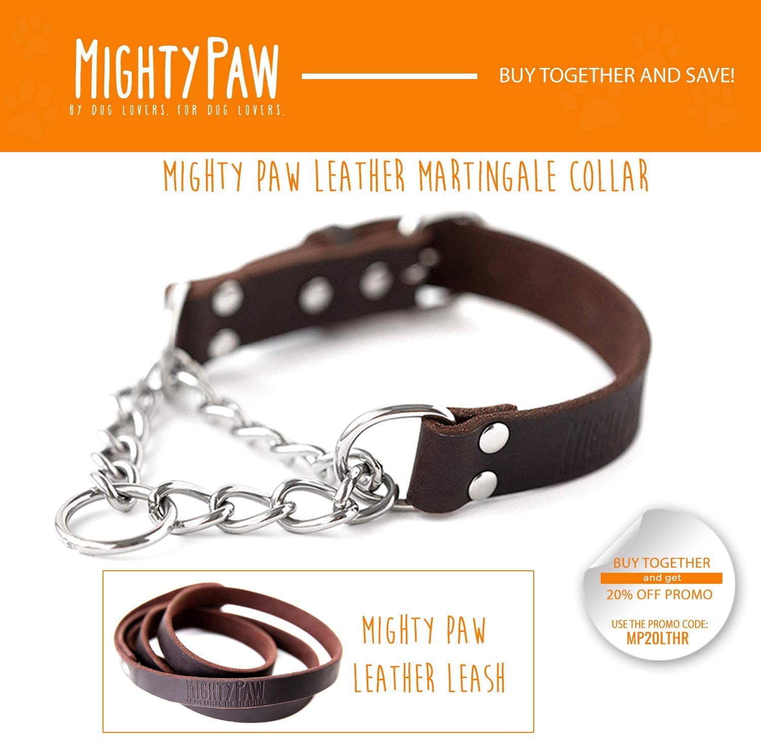 Mighty Paw Leather Training Collar， Martingale Collar， Stainless Steel Chain - Limited Chain Cinch Collar
