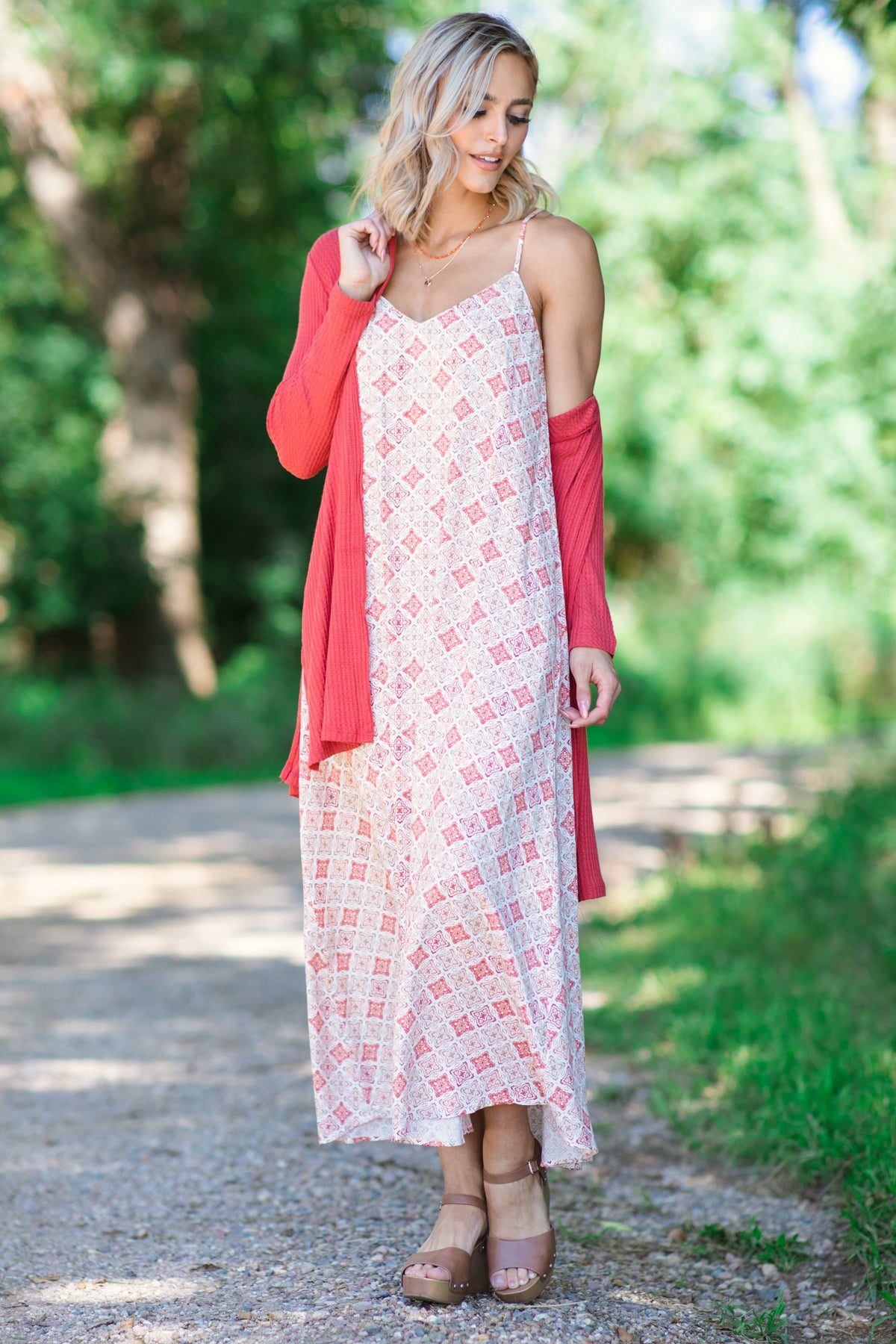 Rust and Cream Geometric Medallion Maxi Dress