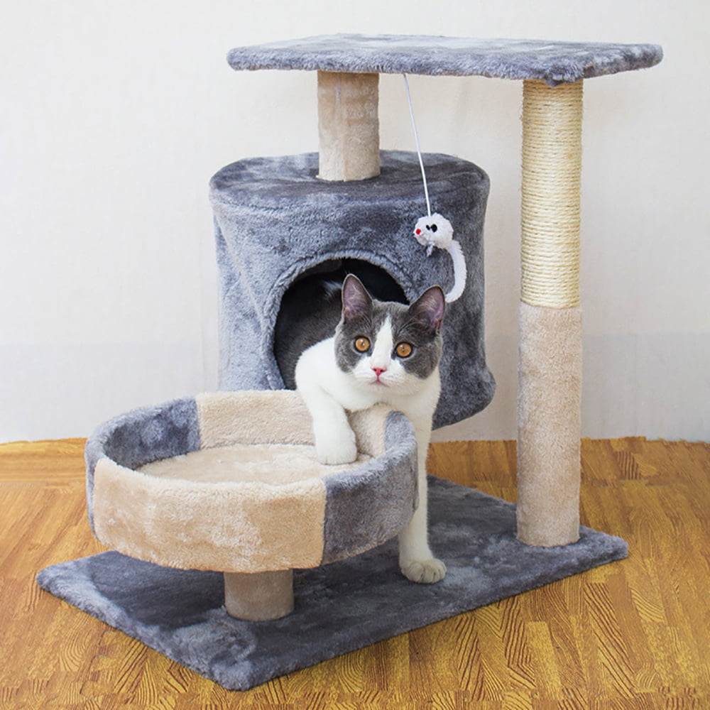 PVUEL Cat Tower Tree，2 Tier Pet Play House with Condo and Scratching Post Tower， Gray and Beige，M