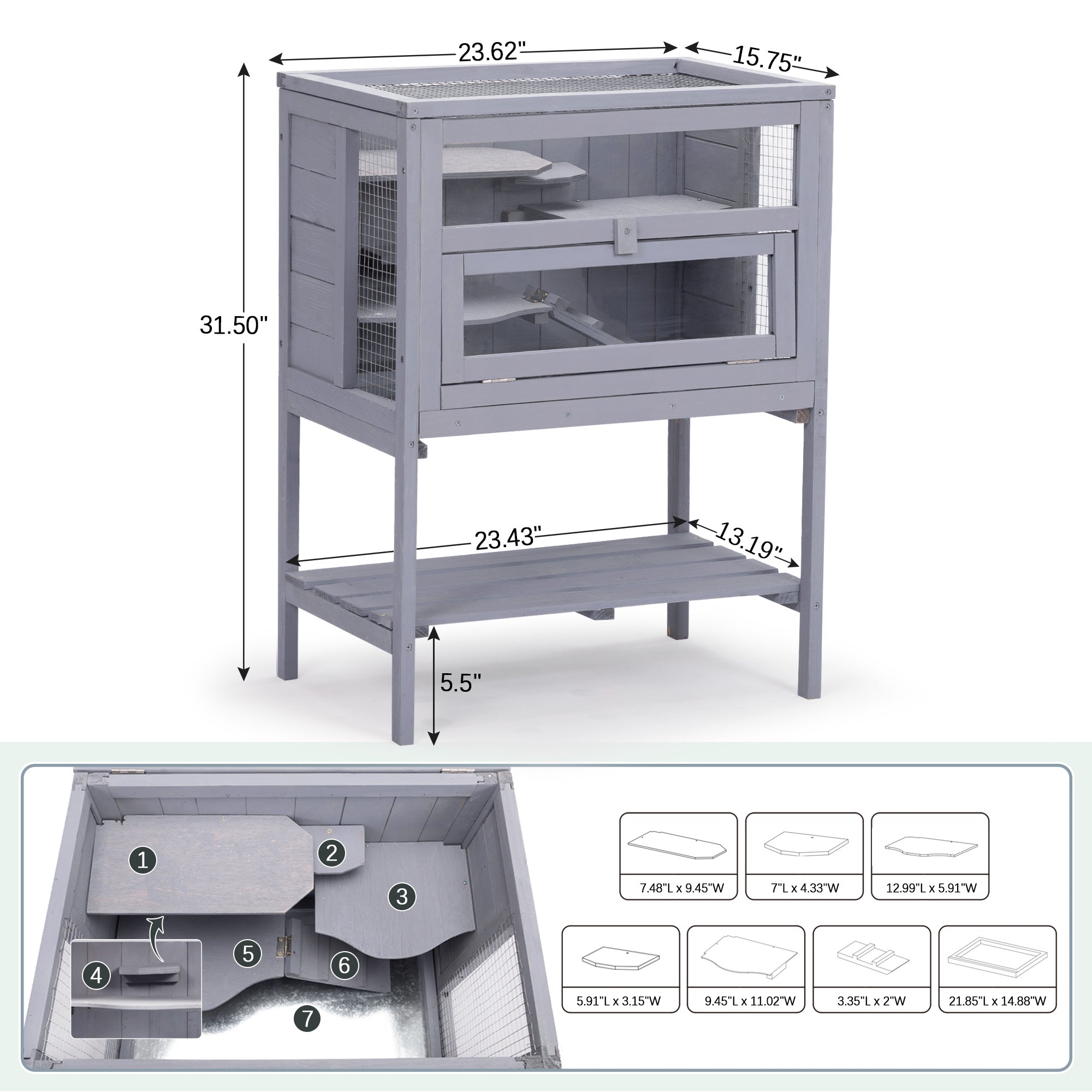 CoSoTower Hamster Wooden Cage with Pull Out Tray， Indoor/Outdoor Pet House for Small Animals， Transparent Acrylic Plate - Gray