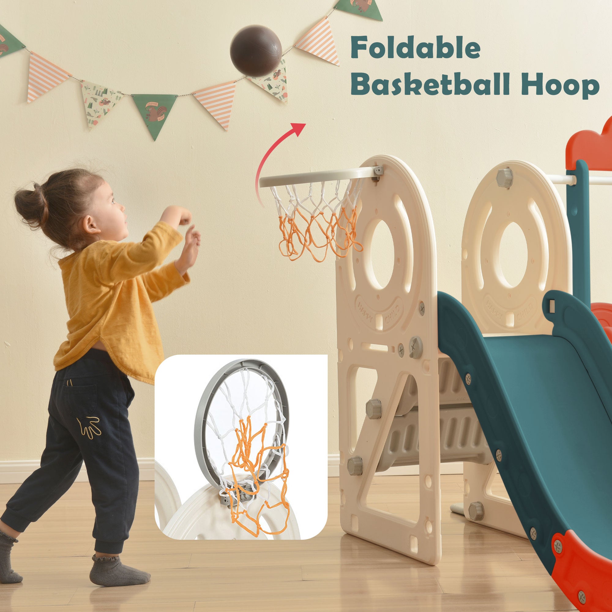 Kids Slide with Bus Play Structure， Freestanding Bus Toy with Slide for Toddlers， Bus Slide Set with Basketball Hoop