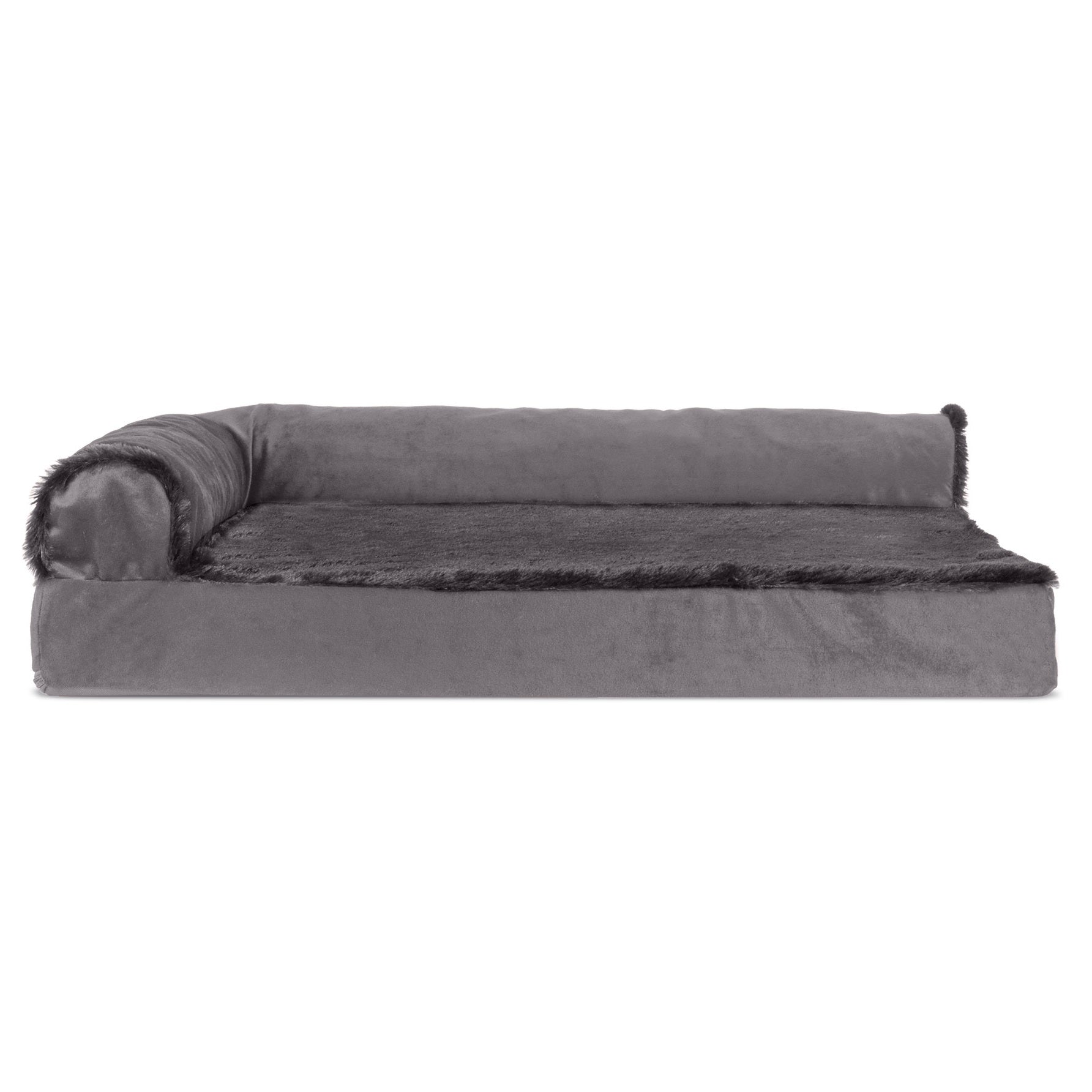 FurHaven | Deluxe Orthopedic Plush and Velvet L-Chaise Lounge Pet Bed for Dogs and Cats， Platinum Gray， Medium