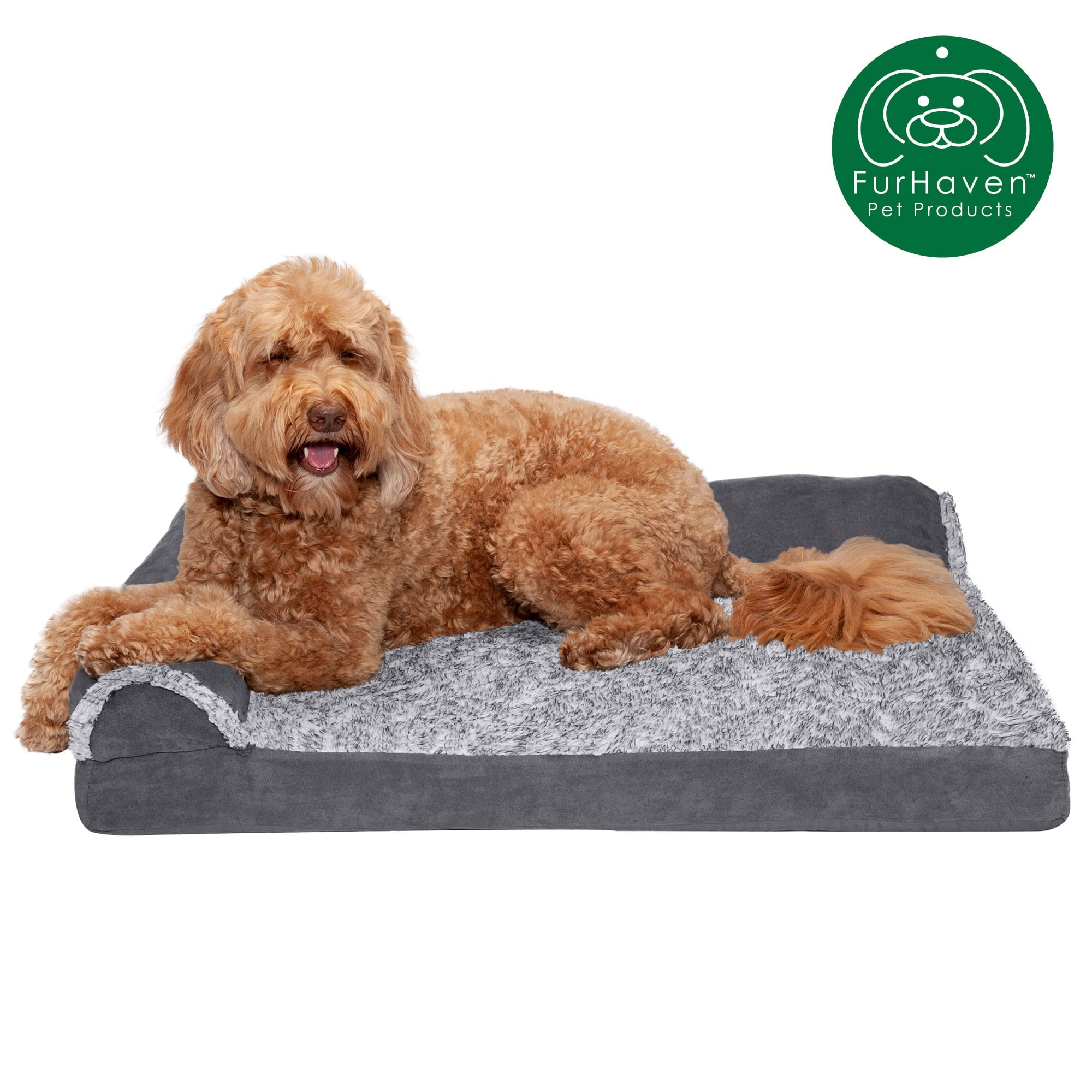 FurHaven | Deluxe Orthopedic Faux Fur and Suede L-Chaise Lounge Pet Bed for Dogs and Cats， Stone Gray， Large