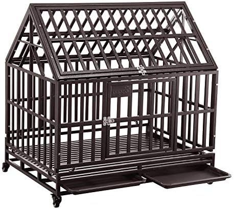 Dog Cage Crate Kennel Heavy Duty Tear Resistant Square Tube With Four Wheels For Large Dogs Easy To Install (42 Inch Roof， Brown)