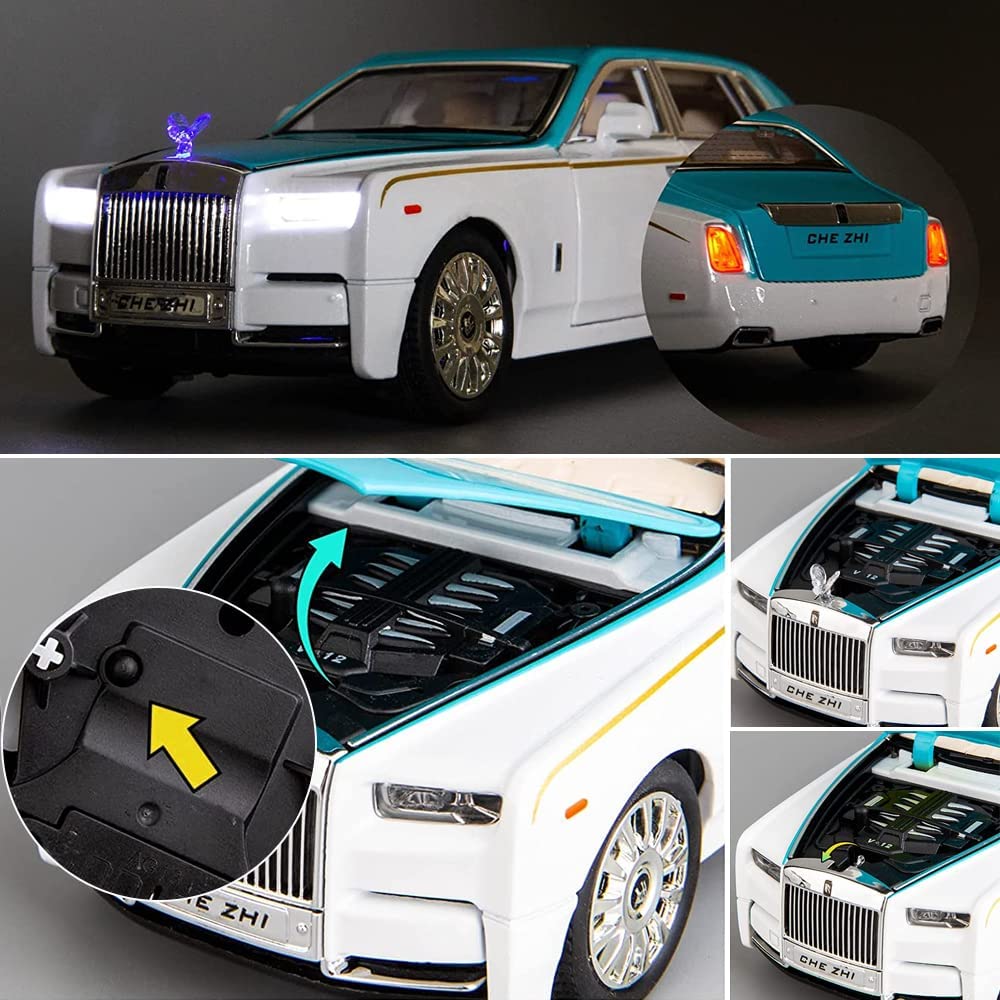 Cocobaby Upgrade Version -Exquisite car Model 1/24 Rolls-Royce Phantom Model Car，Zinc Alloy Pull Back Toy car with Sound and Light for Kids Boy Girl Gift. (Blue-White)