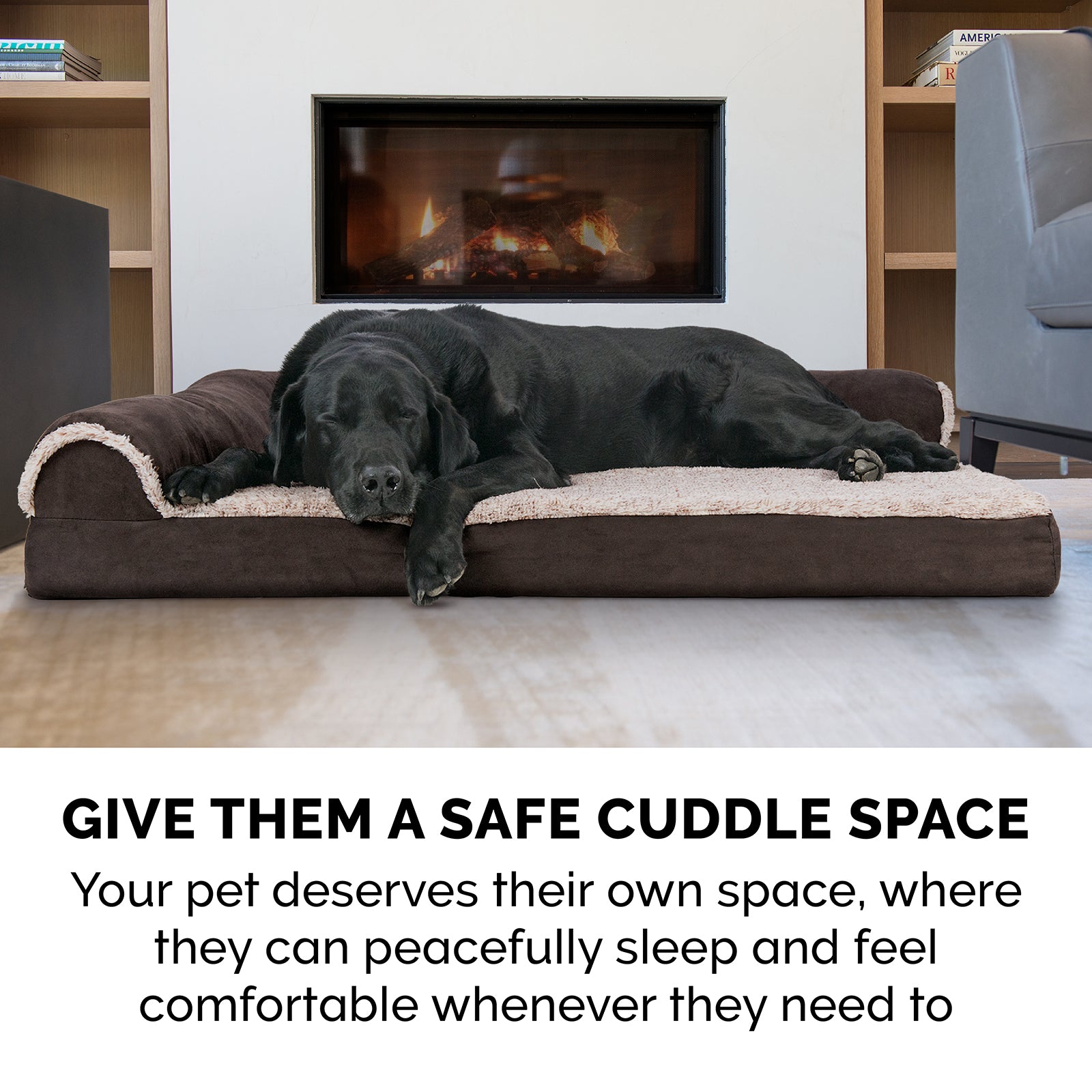 FurHaven | Faux Fur and Suede Deluxe L-Chaise Lounge Pillow Sofa Pet Bed for Dogs and Cats， Espresso， Large