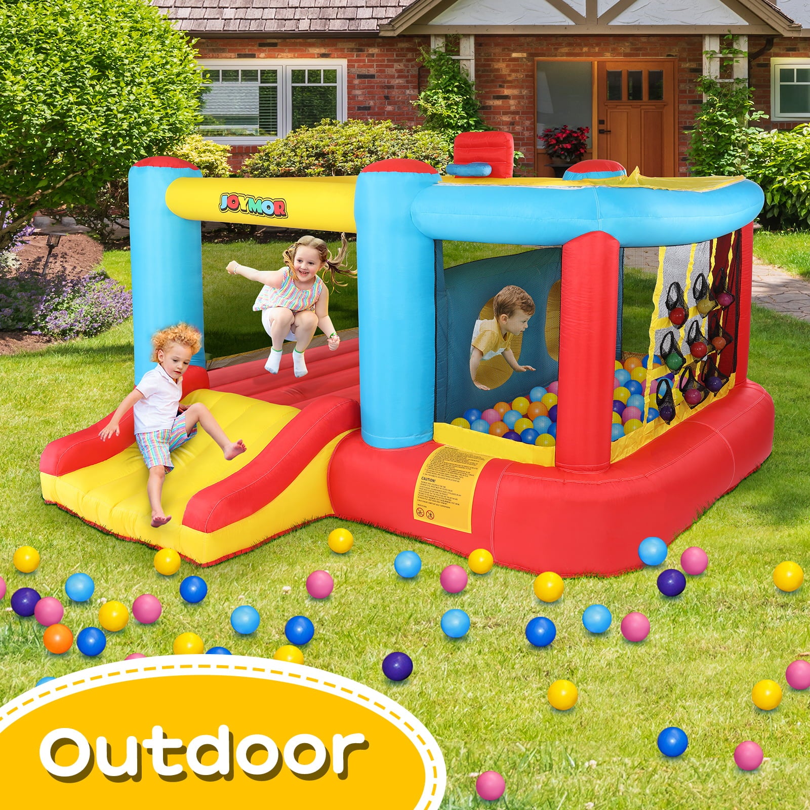 JOYMOR Inflatable Obstacle Course Bounce House for Kids Jumping Castle Slide Bouncer with Air Blower， Sun Cover， Indoor and Outdoor Party Gift