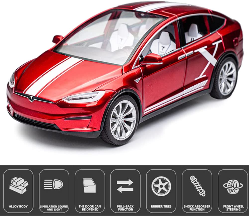 Cocobaby 1:24 Scale Tesla Model X Alloy Car Model Diecast Toy Vehicles for Kids， Tesla car Model，Pull Back Alloy Car with Lights and Music，Children's Birthday， car Model Collections.
