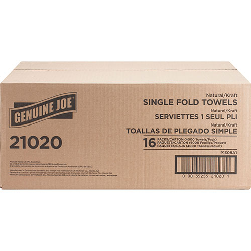 Genuine Joe 21020 Natural Singlefold Paper Towels | 10 1