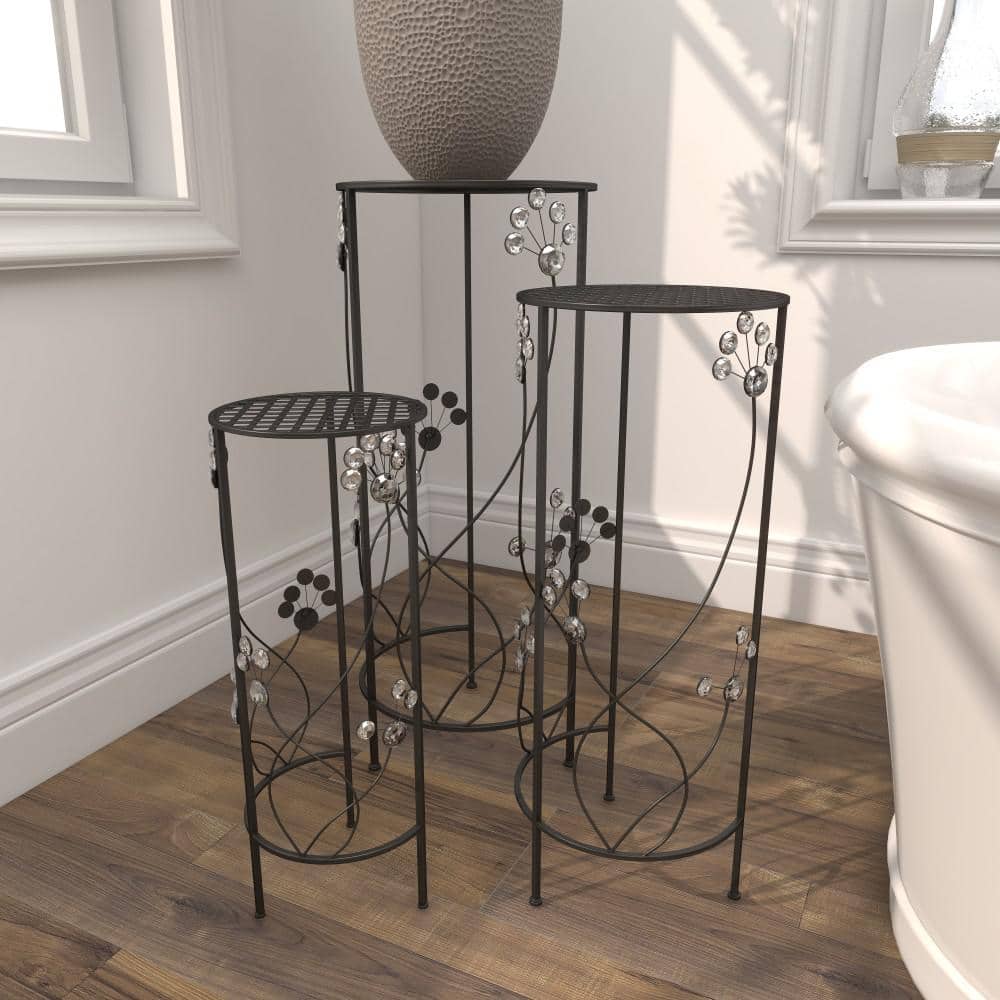 Litton Lane 28 in. Black Cylinder Metal Floral Crystal Plantstand with 3-Tiers 63345