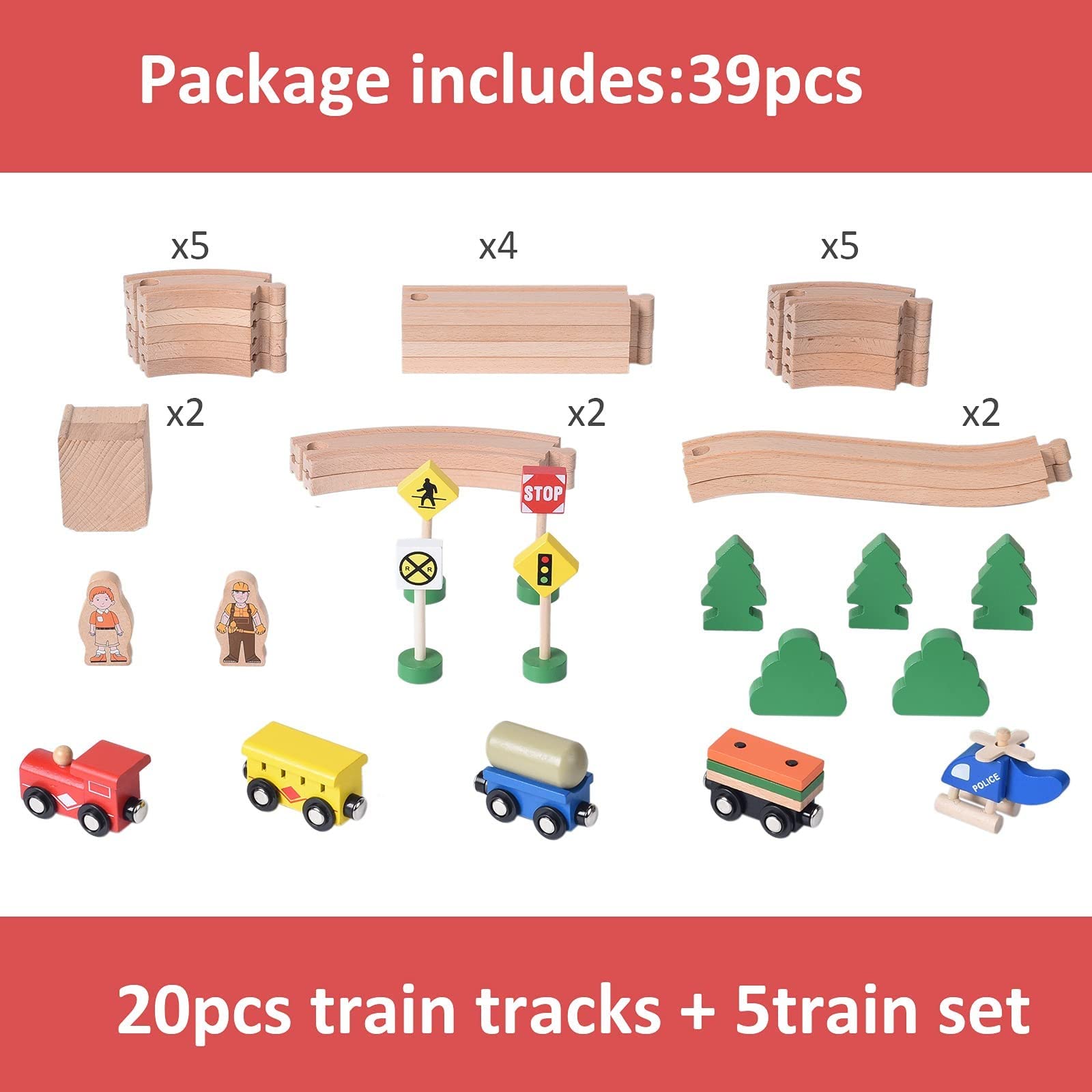BetDEF Wooden Train Set，39 Pcs-with All-Wood Train Tracks with Double Sided Wooden Tracks and Color Box for 3+ Year Old Boys and Girls Toddler-Fits Thomas Brio Melissa and Doug…
