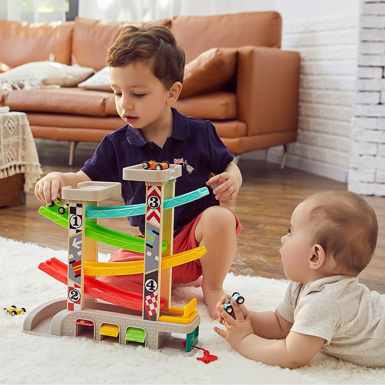 TOP BRIGHT Car Ramp Toy for 2 3 Year Old Boy Gifts， Toddler Race Track Toy for 18 Month Old with 4 Wooden Cars and 3 Car Garage