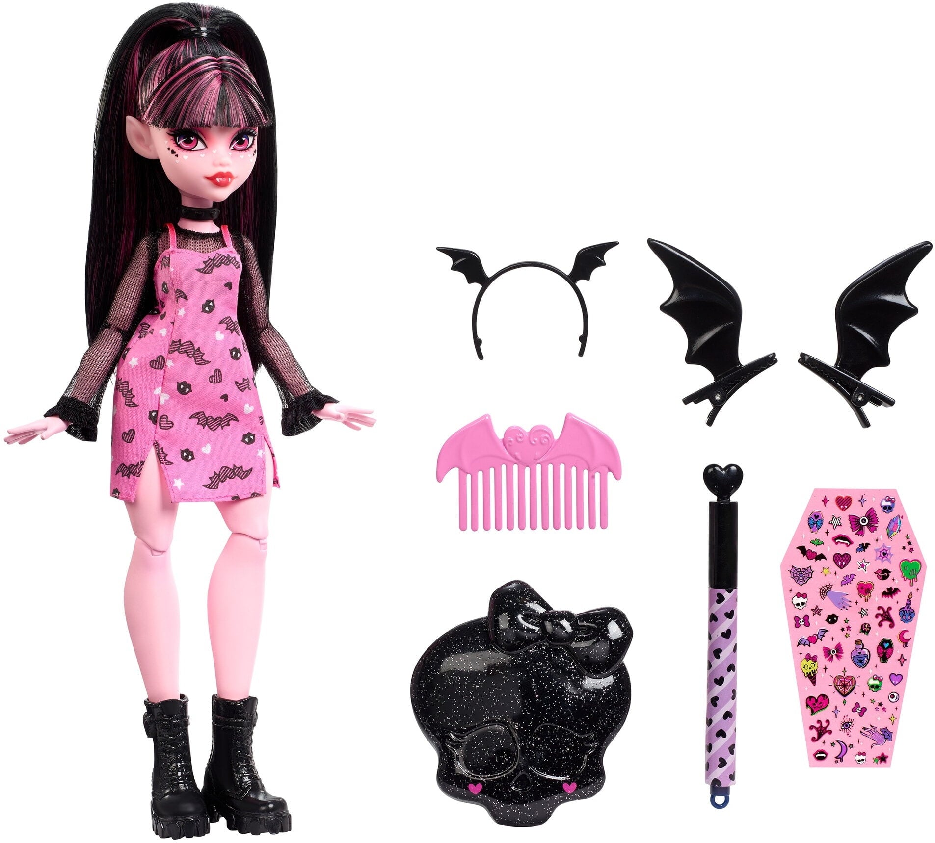 Monster High Draculaura Doll and Beauty Accessories, Goreganizer with Stamp Pen, Stickers and More