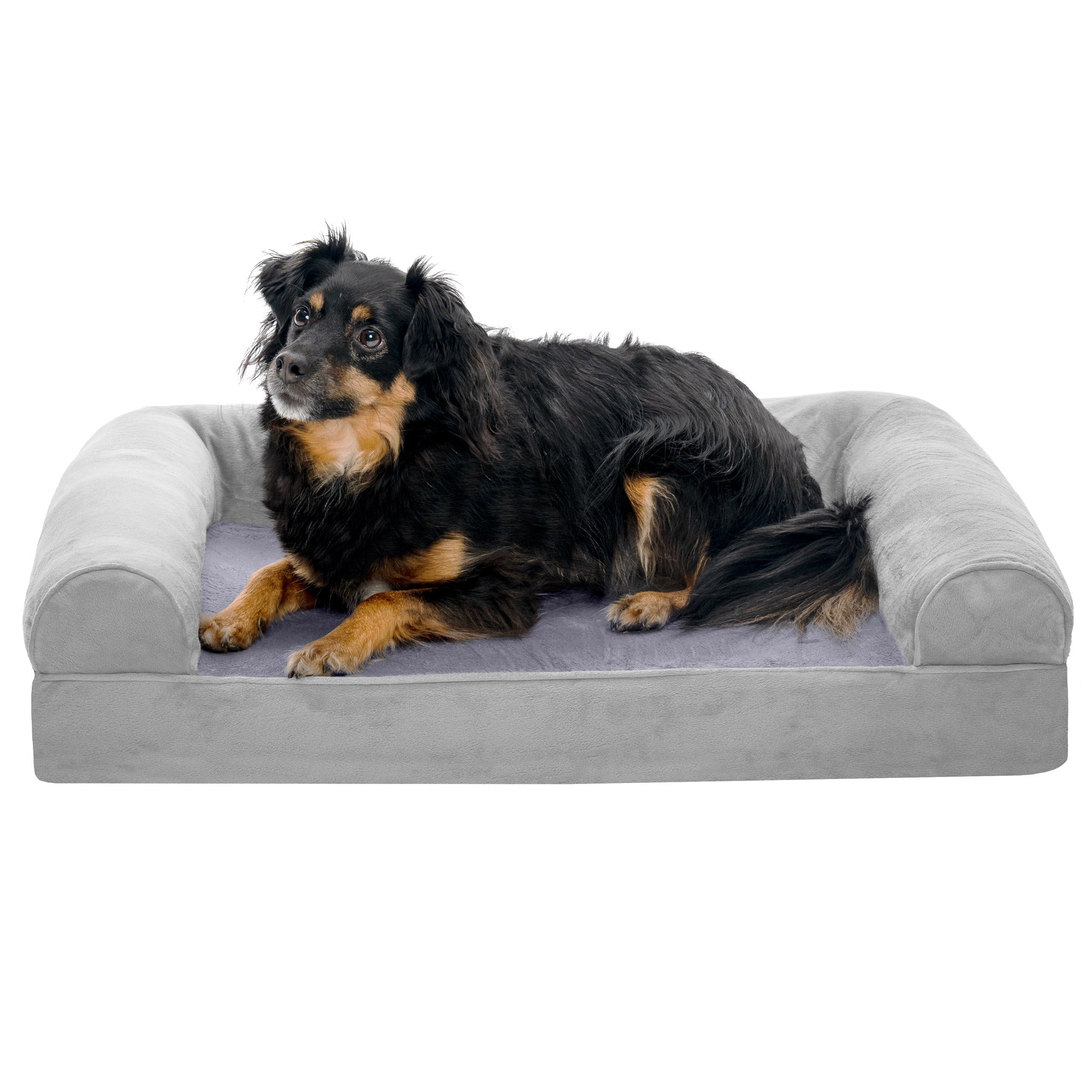 FurHaven | Orthopedic Faux Fur and Velvet Sofa Pet Bed for Dogs and Cats， Smoke Gray， Medium