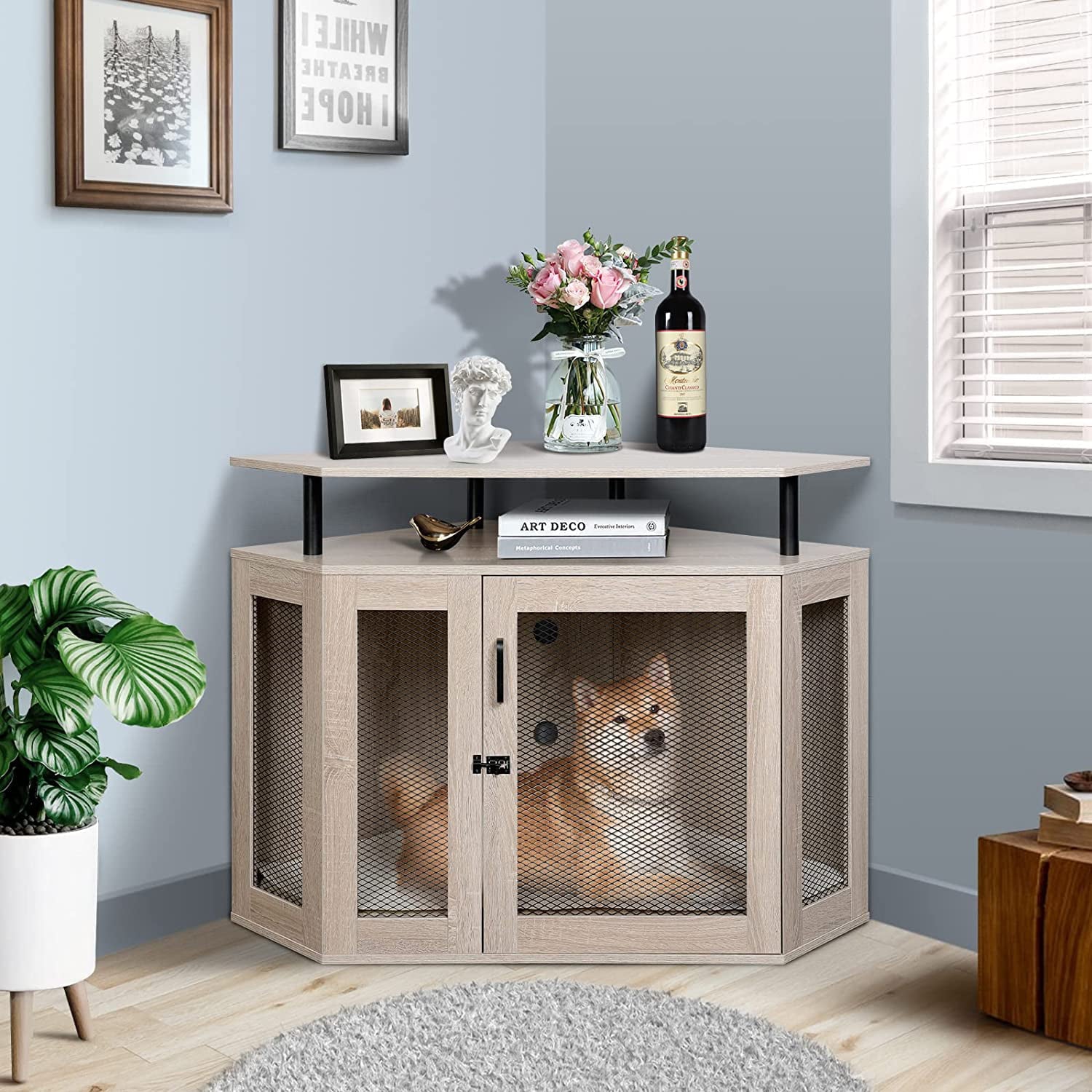 Kfvigoho Corner Dog Crate with Cushion， Dog House， Dog Crate Indoor Use， Modern Dog Kennel with Wooden and Wire Mesh， Large Pet House with Multiple Function Perfect for Limited Room， Apartment
