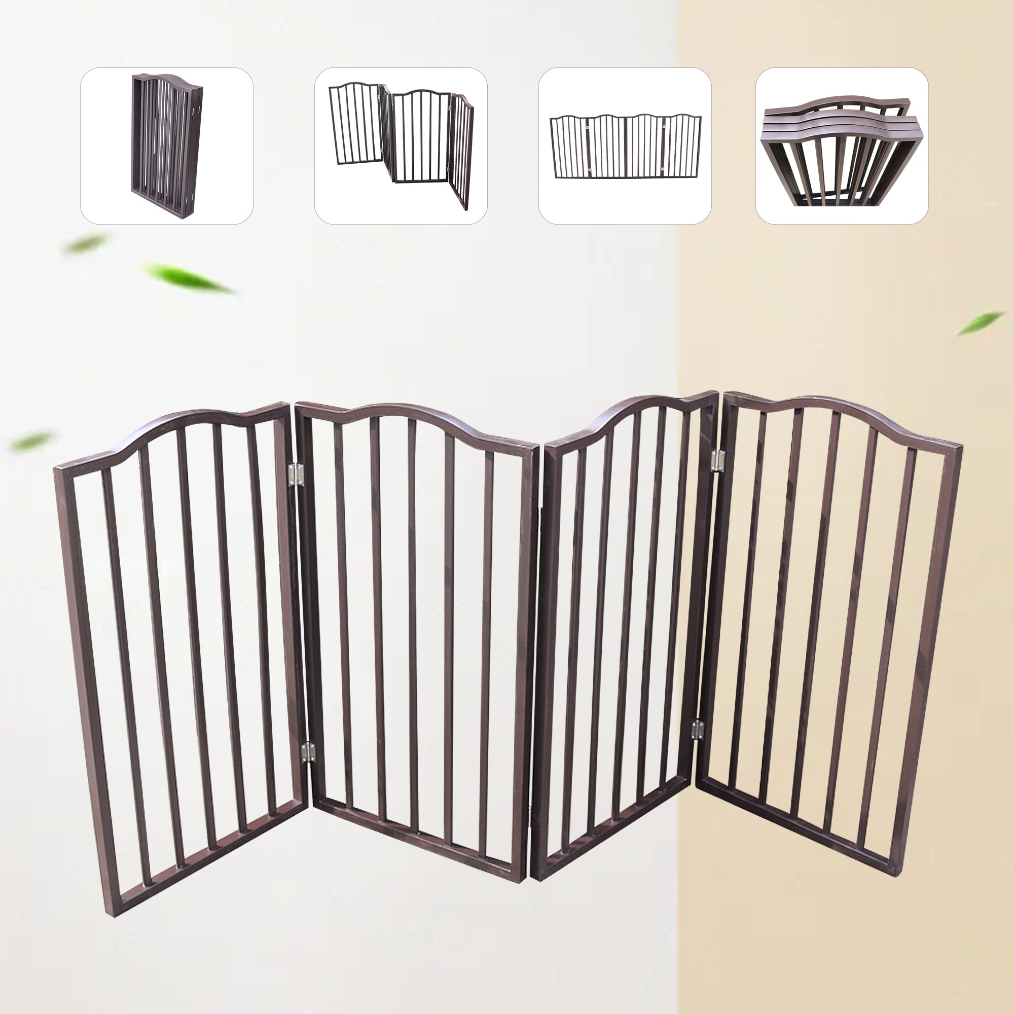 Indoor/Outdoor Classic Style Wood 4 Section Pet Gate， Extra Wide and Tall Pet Dog Safety Enclosure Dog Fences， Foldable Pet Gate Dog Gate for House， Doorway， Stairs - Dark Brown