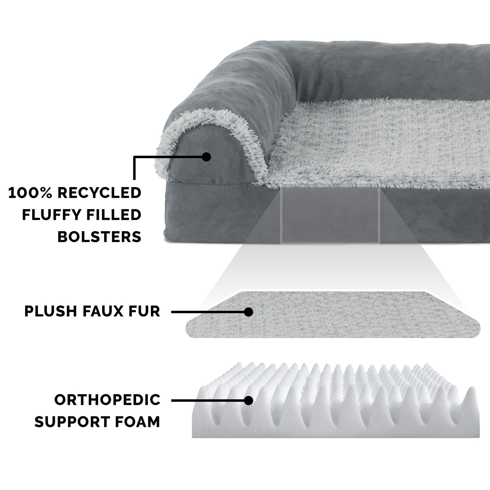FurHaven | Deluxe Orthopedic Faux Fur and Suede L-Chaise Lounge Pet Bed for Dogs and Cats， Stone Gray， Large