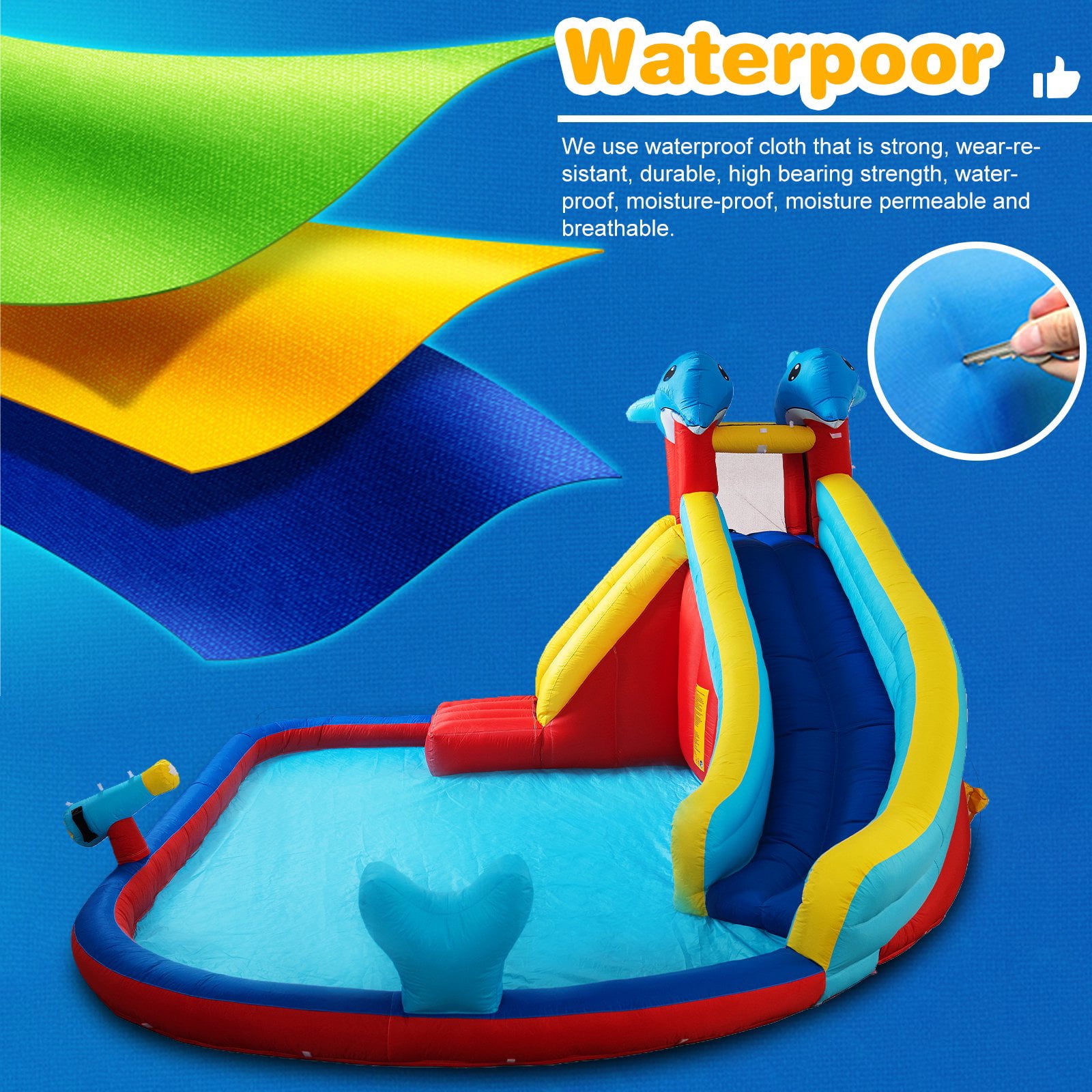 Inflatable Water Slide Park Bounce House for Kids， Climbing Wall and Splash Pool and Water Gun， Outdoor Backyard Waterslide for Girl and Boy (with 450W Air Blower)