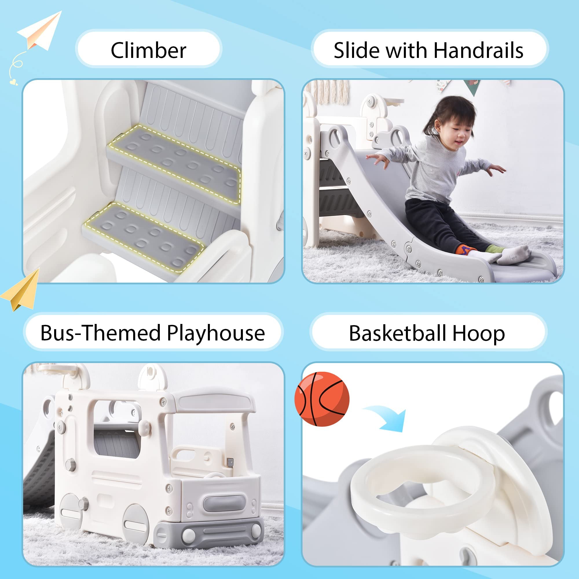 Kainsy 4-in-1 Baby Slide with Bus, Indoor Kids Slide with Basketball Hoop, Climber & Bus Playhouse, Outdoor Playground Slide for Toddler 1+ Playset, Gray and White