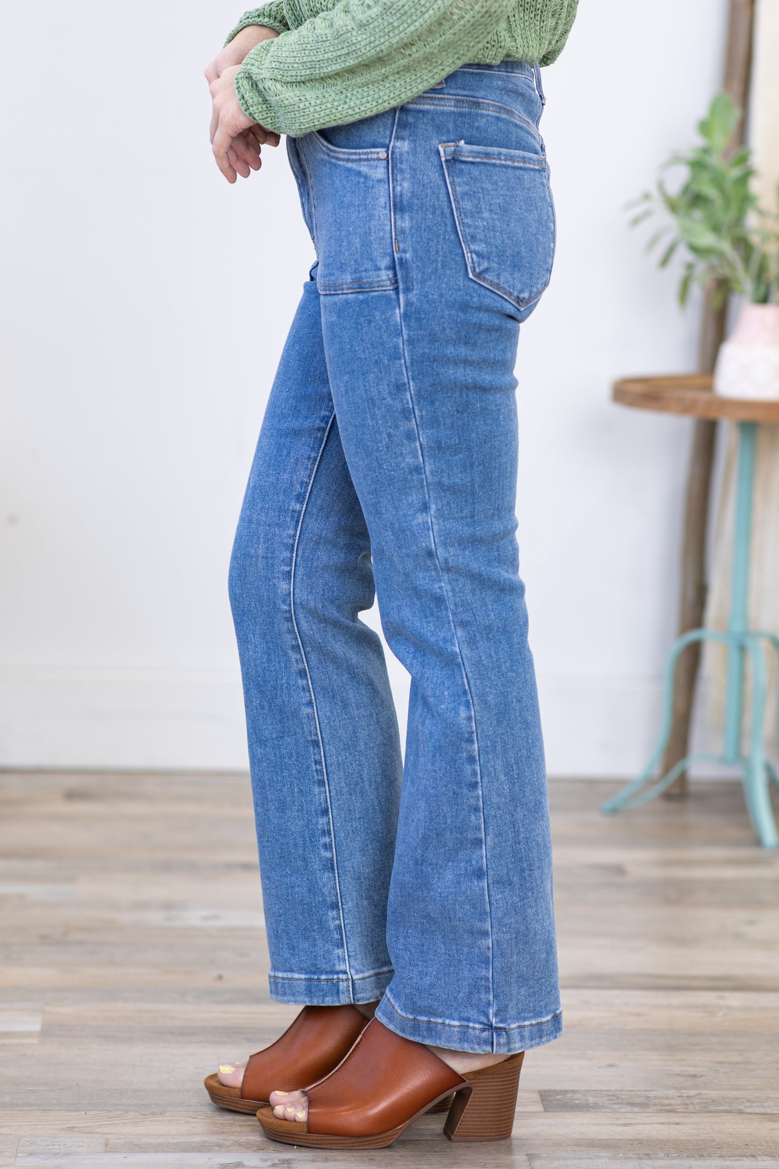 Risen Front Patch Pocket Ankle Flare Jeans
