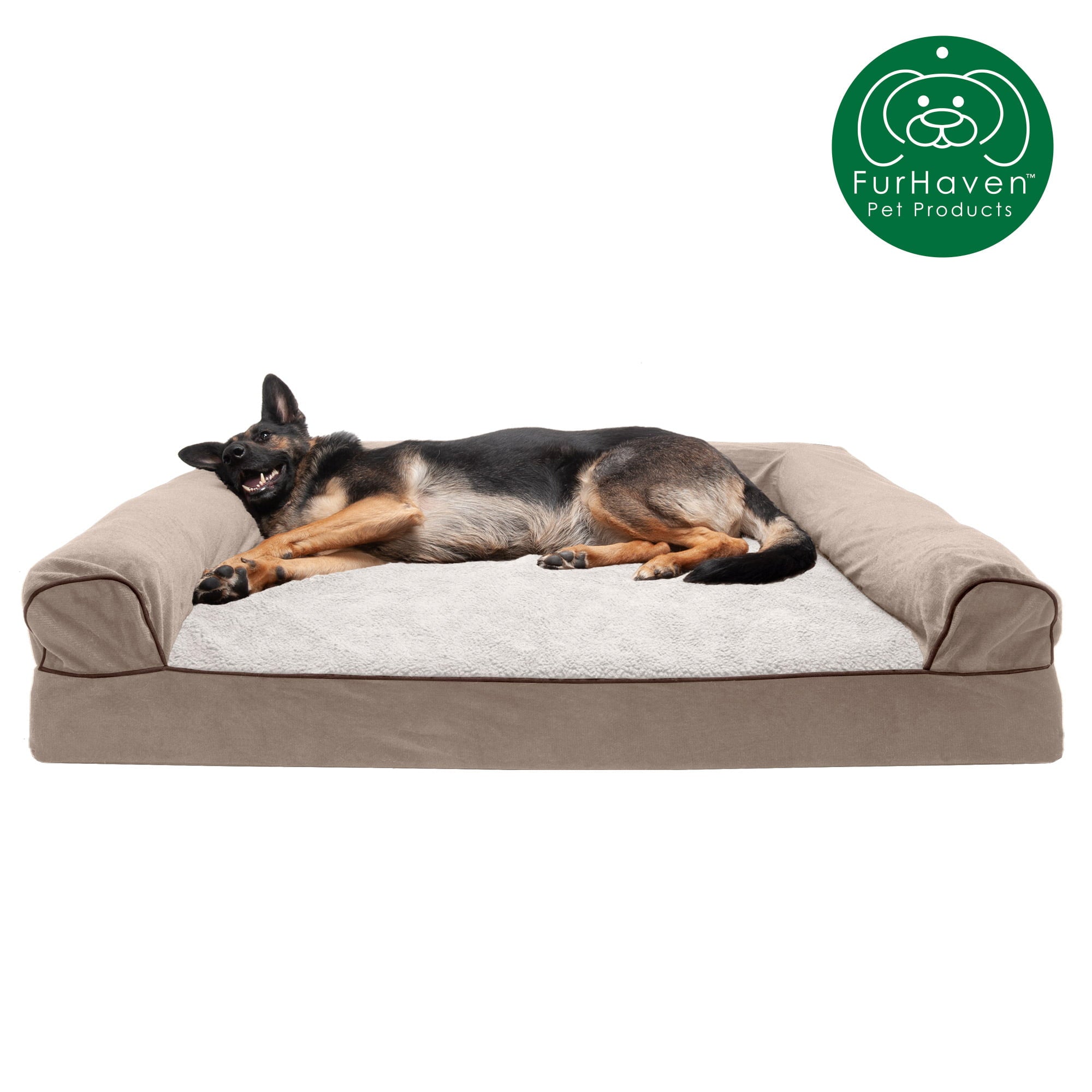 FurHaven | Cooling Gel Faux Fleece and Chenille Sofa Pet Bed for Dogs and Cats， Cream， Jumbo Plus