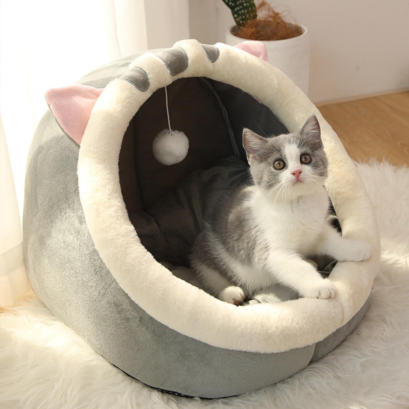 Cat Beds for Indoor Cats - Small Dog Bed Rabbit-Shaped Cat/Small with Hanging Toy， Puppy Bed Soft Calming Pet Sofa Bed Pets Supplies Gray S