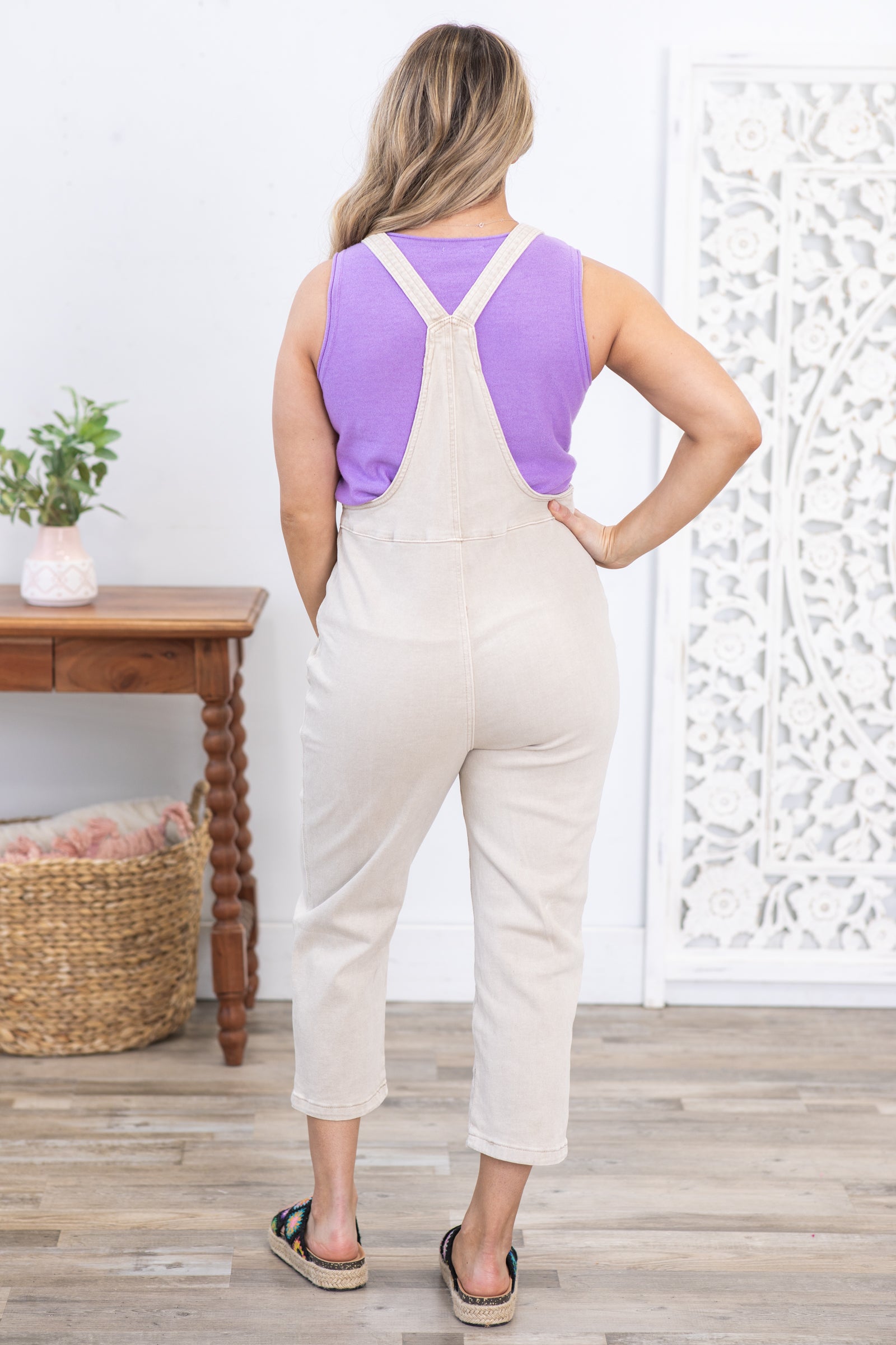 Beige Washed Knot Strap Relaxed Overalls