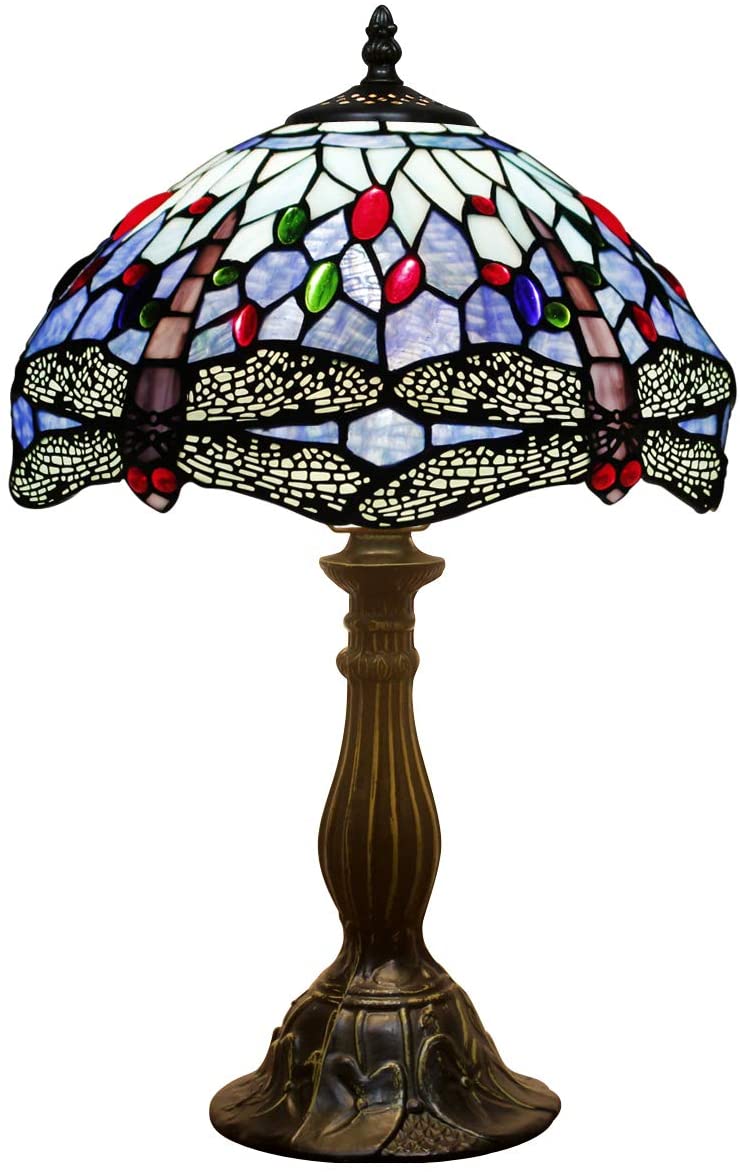 SHADY  Table Lamp Blue Stained Glass Dragonfly Style Bedside Desk Reading Light 12X12X18 Inches Decor Bedroom Living Room Home Office S004 Series