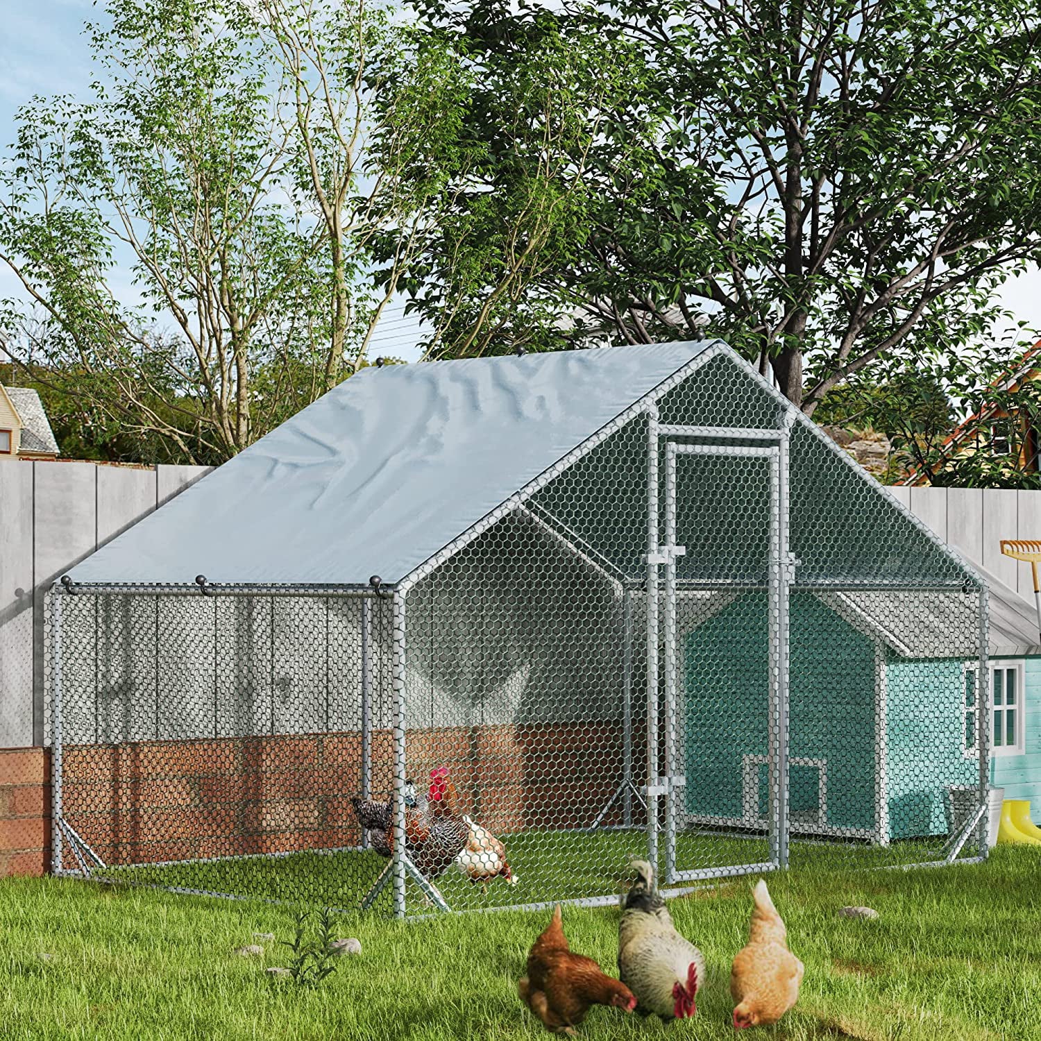 Chicken Coop Run Large Metal Chicken Pen For 6-8 Chicken， Walkin Chicken Run， Poultry Cage with Waterproof Cover for Backyard Farm