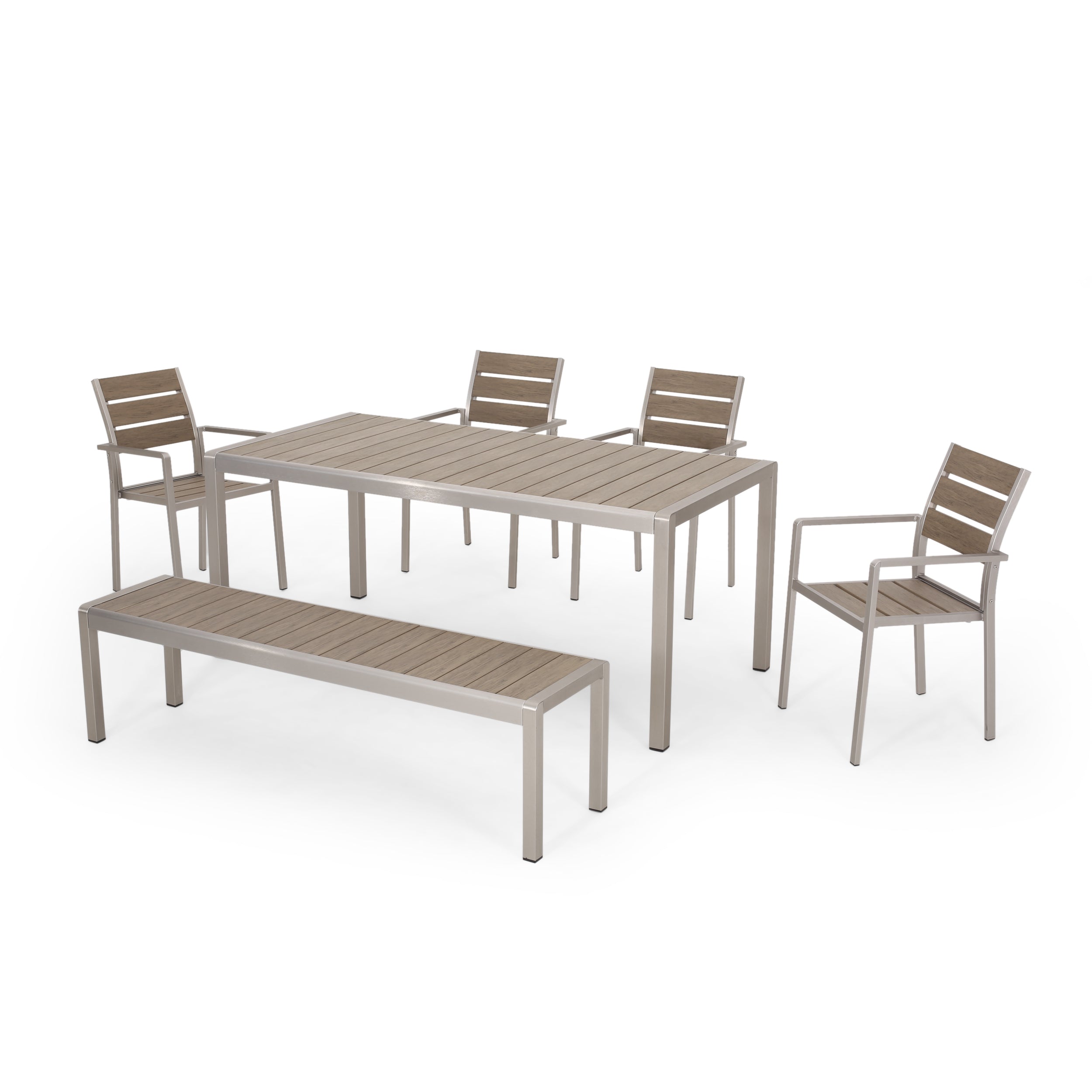 Cherie Outdoor Modern Aluminum 6 Seater Dining Set with Dining Bench