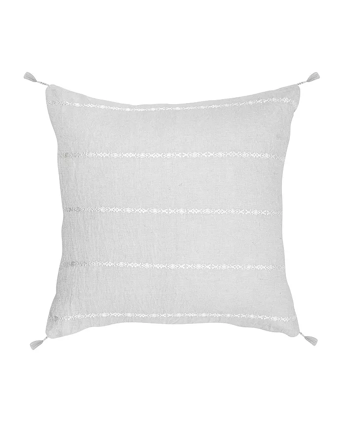Anaya Home Light Grey White Embr Stripes Linen Down Alternative Throw Pillow