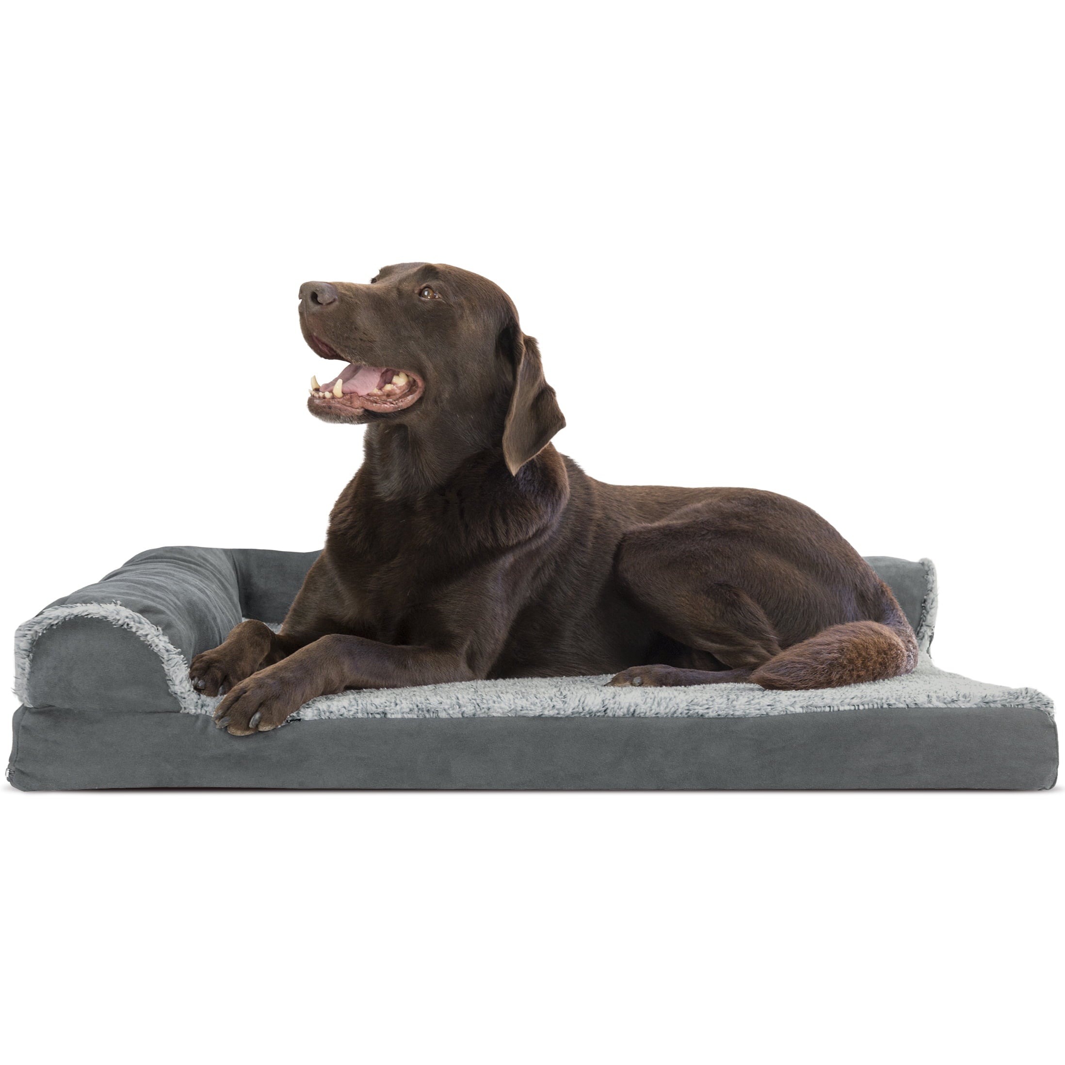 FurHaven | Deluxe Orthopedic Faux Fur and Suede L-Chaise Lounge Pet Bed for Dogs and Cats， Stone Gray， Large