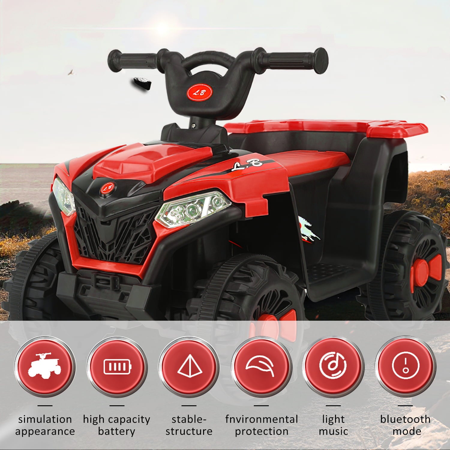 Werseon Kids Ride On ATV，Electric 4-Wheeler Car，6V Battery Powered Electric Vehicle with LED Lights， Red