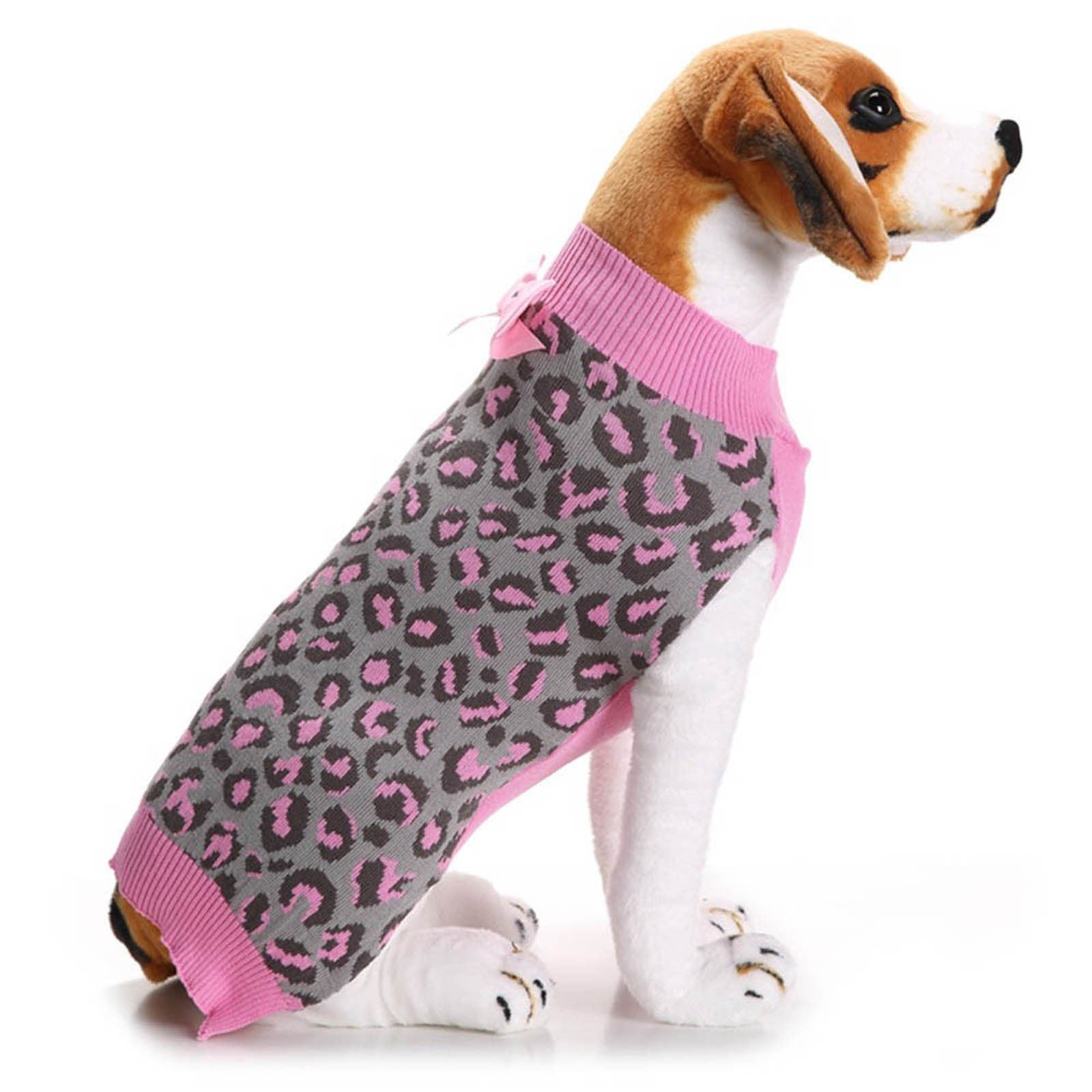 Pet clothes Pink Leopard Pet Dog Puppy Cute Clothes Puppy Winter Sweater Bowknot