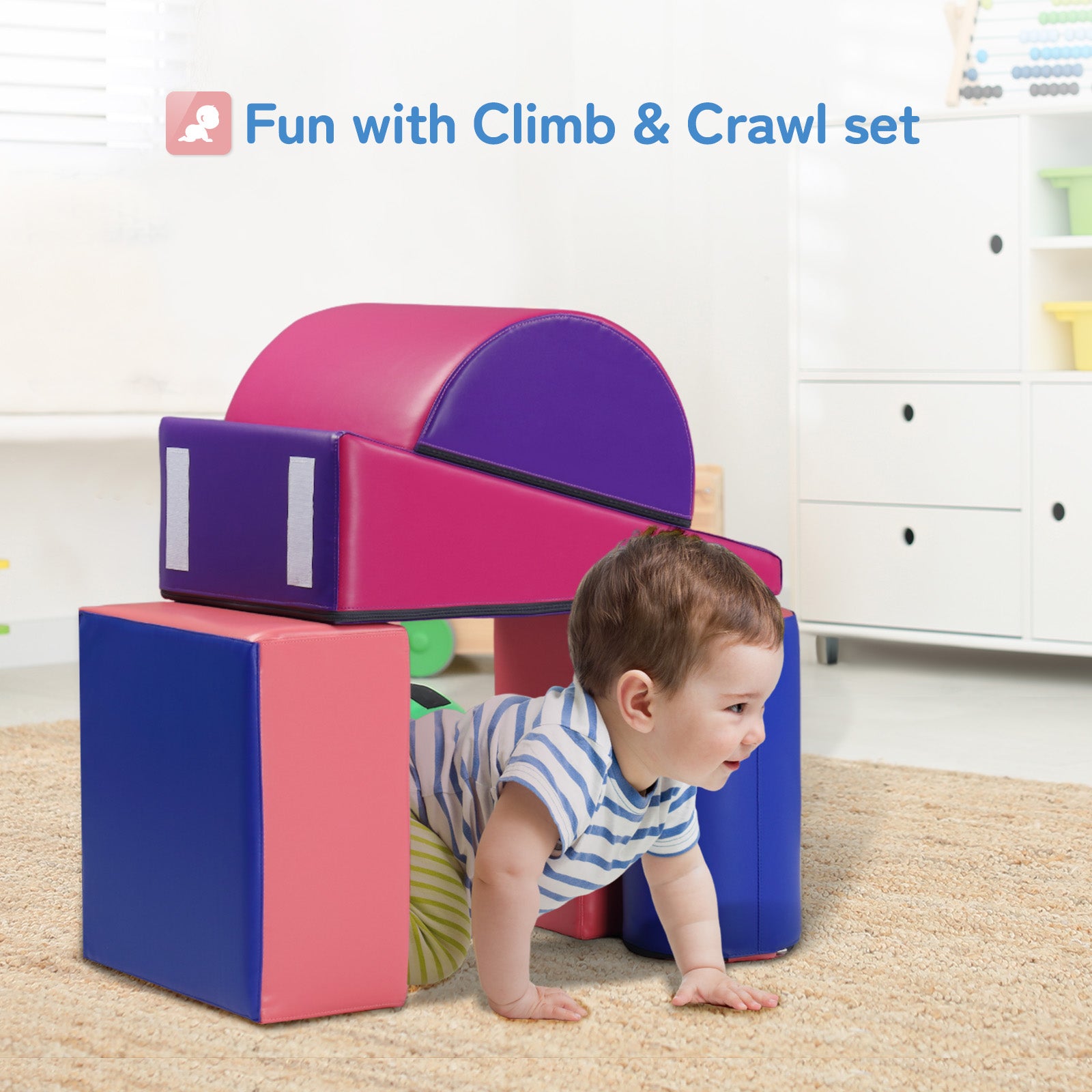 JOYMOR Soft Foam Climber 5-Piece Sets Crawl and Climb Foam， Beginner Toddler Climber with Slide Ramp， Indoor Active Play Structure for Babies and Toddlers (Dark Blue，Rose Red)