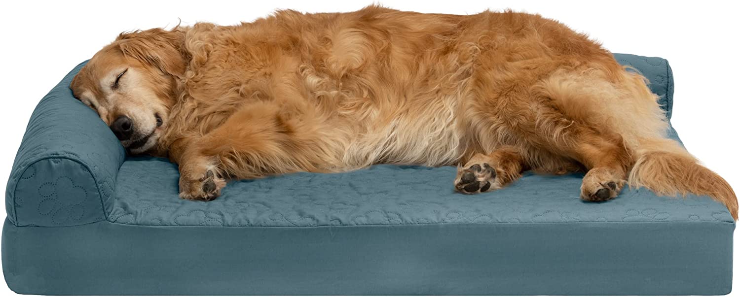 Furhaven XL Cooling Gel Foam Dog Bed Pinsonic Quilted Paw L Shaped Chaise w/ Removable Washable Cover - Bluestone， Jumbo (X-Large) Cooling Gel Foam Jumbo L Chaise - Quilted Paw (Bluestone)