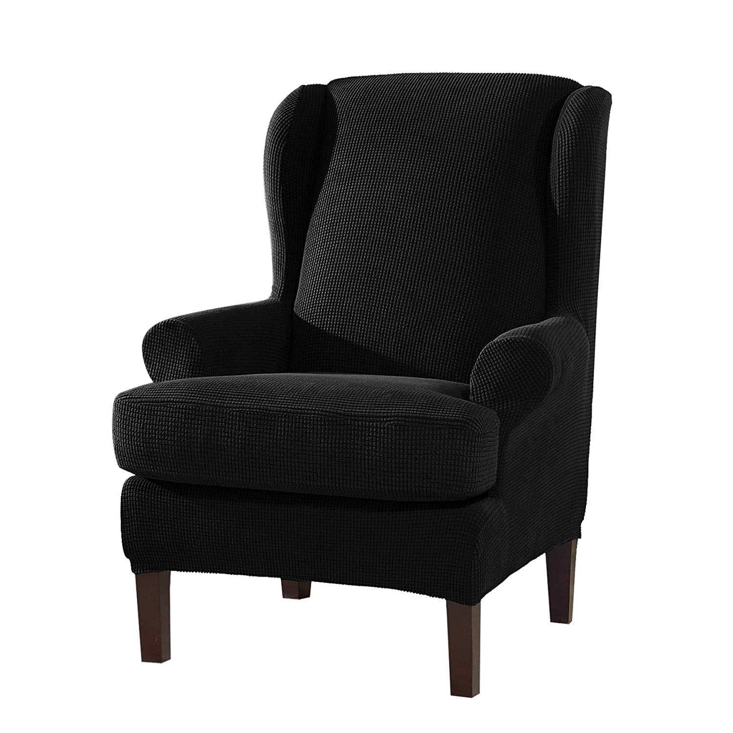 Subrtex Stretch 1-Piece Textured Grid Wing Chair Slipcover, Black