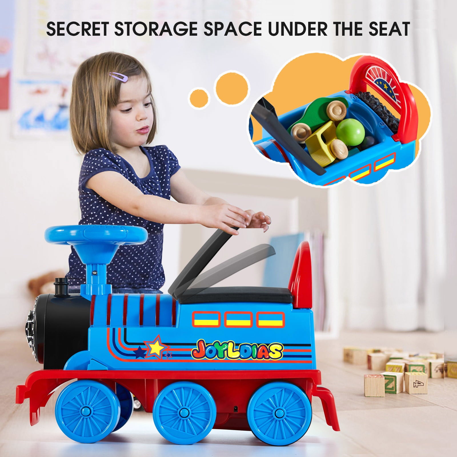 JOYLDIAS 6V Electric Ride on Train for Kids with Curved Tracks， Songs， Stories， Lights， Horns， Storage and Foot Pedals， Blue