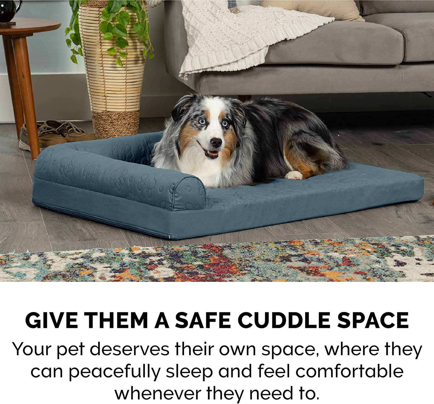 Furhaven XL Orthopedic Dog Bed Pinsonic Quilted Paw L Shaped Chaise w/ Removable Washable Cover - Bluestone， Jumbo (X-Large) Orthopedic Foam Jumbo L Chaise - Quilted Paw (Bluestone)