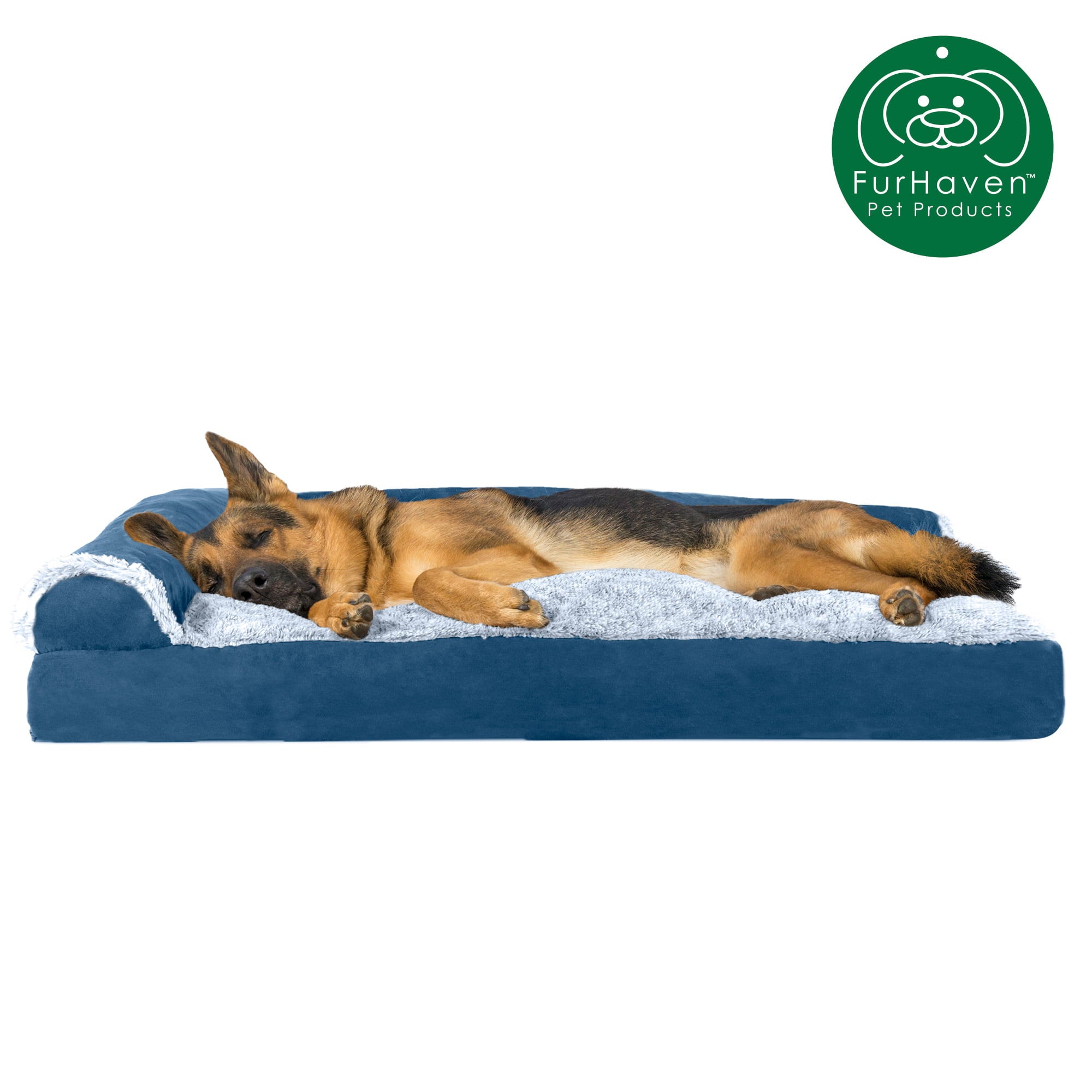 FurHaven | Faux Fur and Suede Deluxe L-Chaise Lounge Pillow Sofa Pet Bed for Dogs and Cats， Marine Blue， Jumbo
