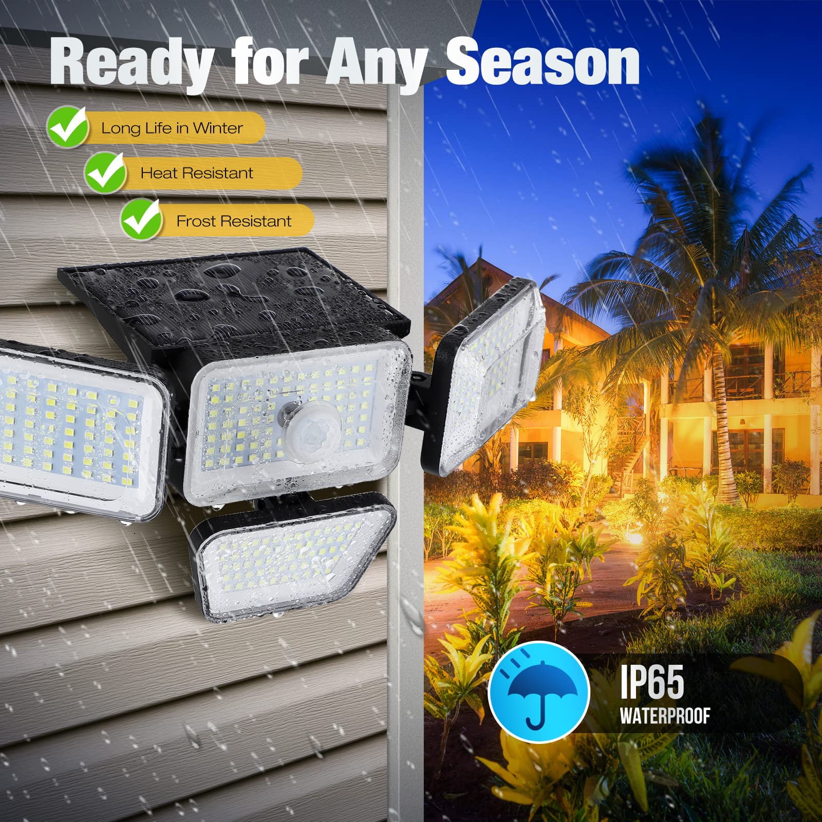 AOPOY Solar Lights Outdoor 3 Heads LED Flood Wall Lights 210LED 2500LM Motion Sensor Security Lights with Wireless Remote Control Waterproof，2pcs