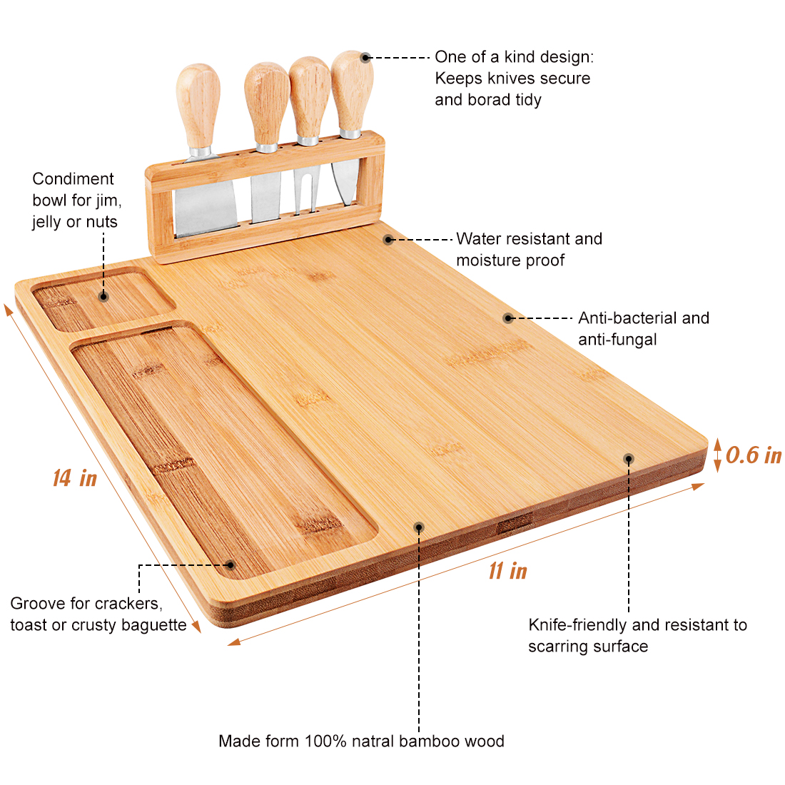 TOPNEW Bamboo Cheese Board and Knife Set Charcuterie Platter Serving Tray Set with 4 Knives 8 Forks 2 Seasoning Bowls 20 Cheese Labels Gift  for Housewarming Wedding Birthday