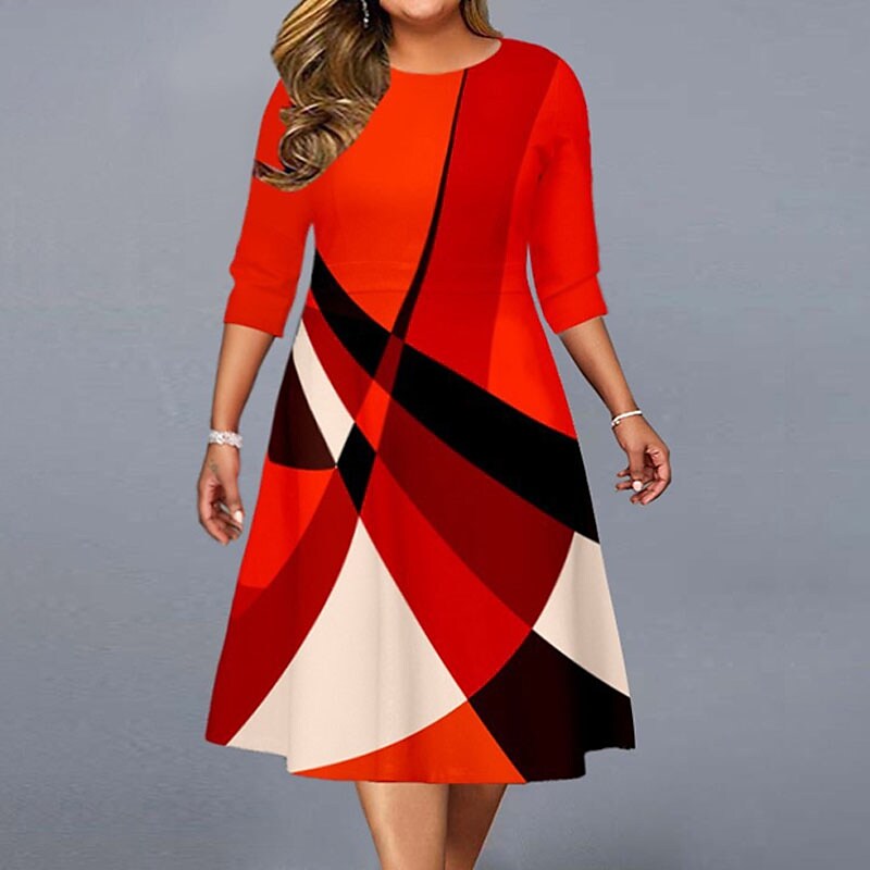 Women's Plus Size Work Dress Color Block Round Neck Dress