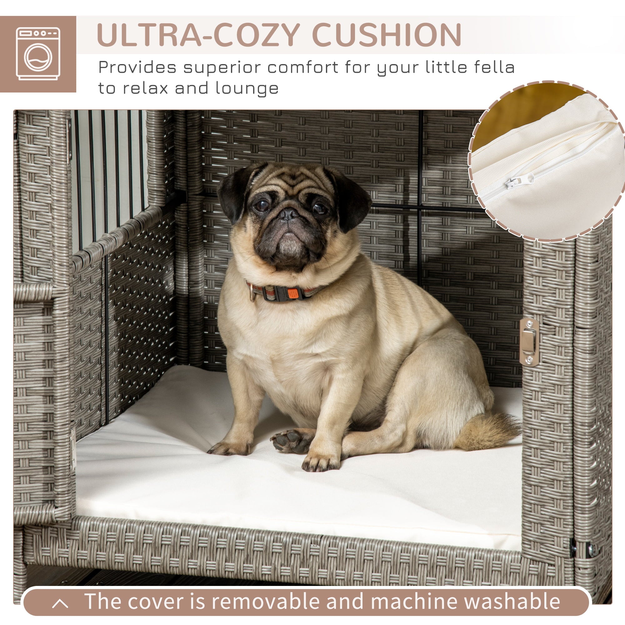 PawHut Rattan Dog Crate， Wicker Dog Cage with Lockable Door and Soft Washable Cushion， Dog Kennel Furniture for Small Sized Dogs， Grey